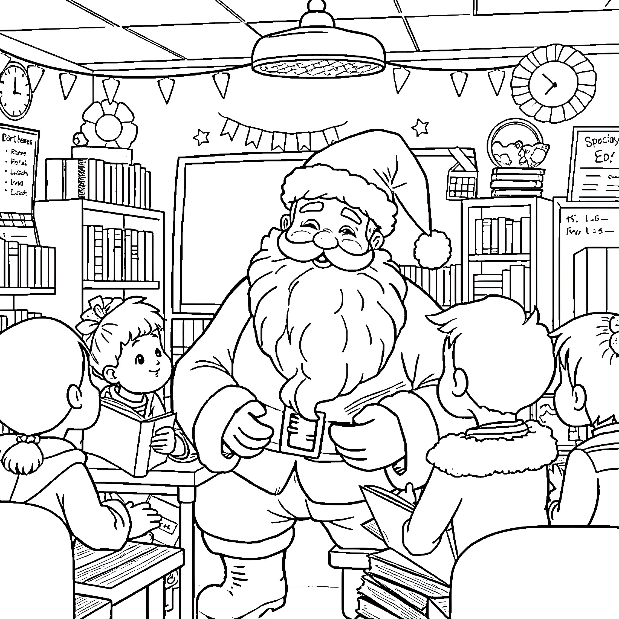 Santa Visiting Children in Classroom for Holiday Coloring Page (free black-and-white line drawing printable PDF for all, from beginners to advanced learners, including children, teens, adults, and seniors)