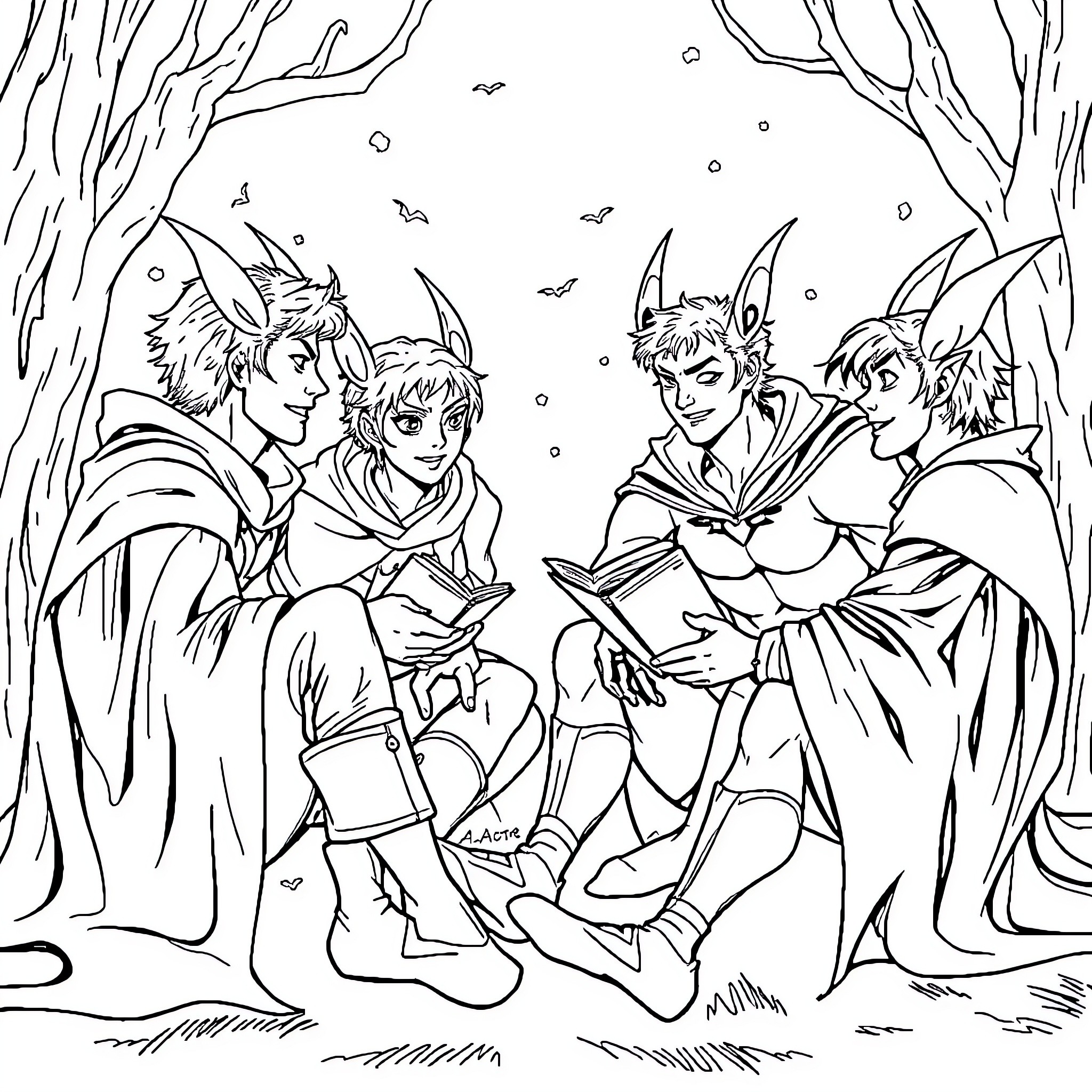 Batboy and his friends in a snowy forest adventure Coloring Page (free black-and-white line drawing printable PDF for all, from beginners to advanced learners, including children, teens, adults, and seniors)