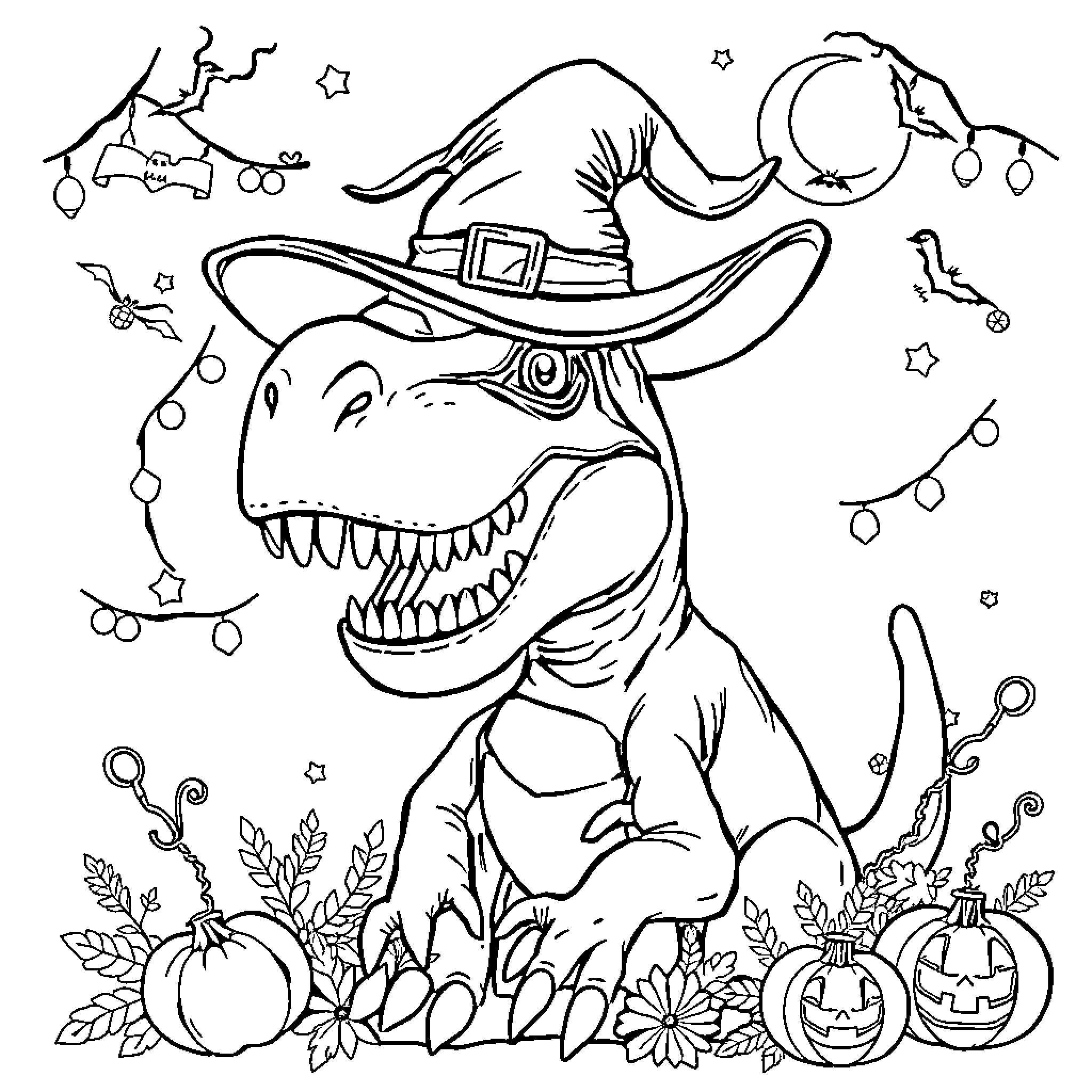T-Rex Celebrating Halloween with Spooky Accessories Coloring Page (free black-and-white line drawing printable PDF for all, from beginners to advanced learners, including children, teens, adults, and seniors)