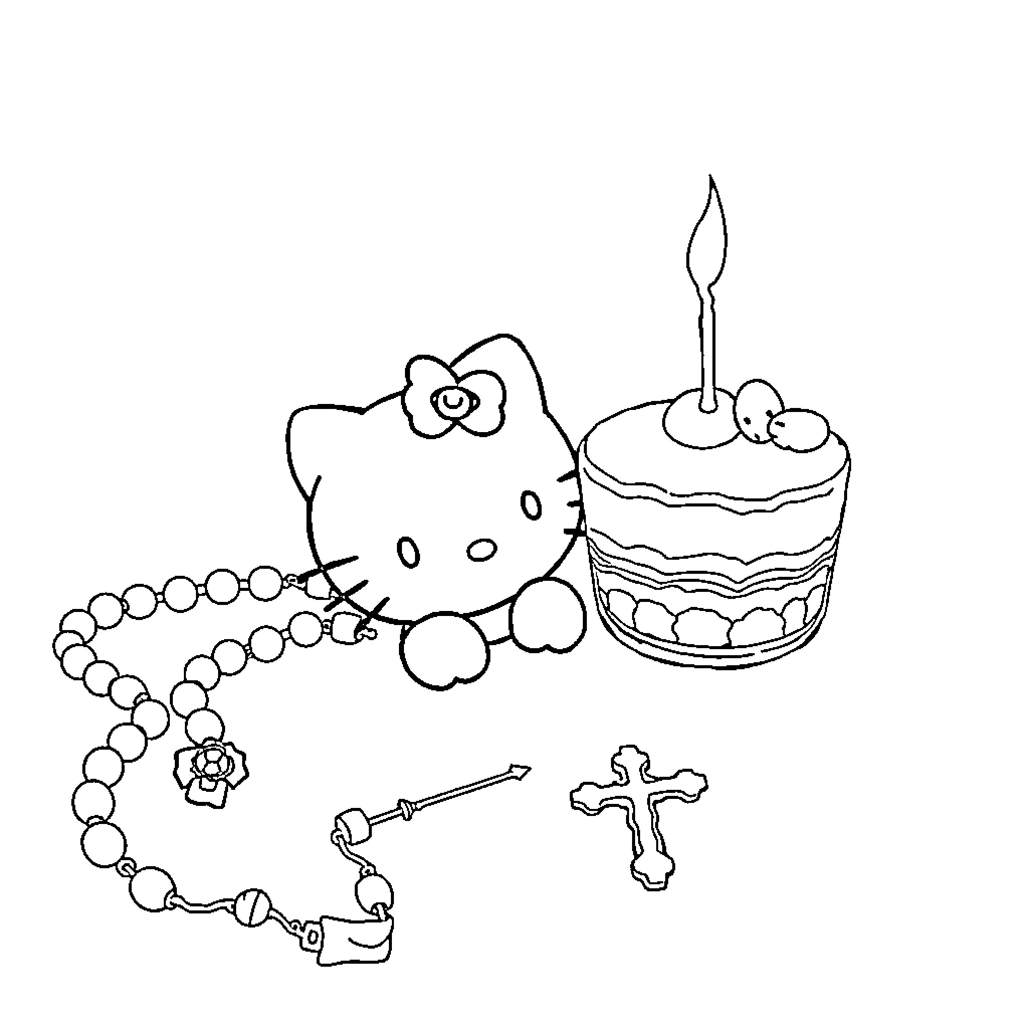 Rosary with religious symbols and birthday cake Coloring Page (free black-and-white line drawing printable PDF for all, from beginners to advanced learners, including children, teens, adults, and seniors)