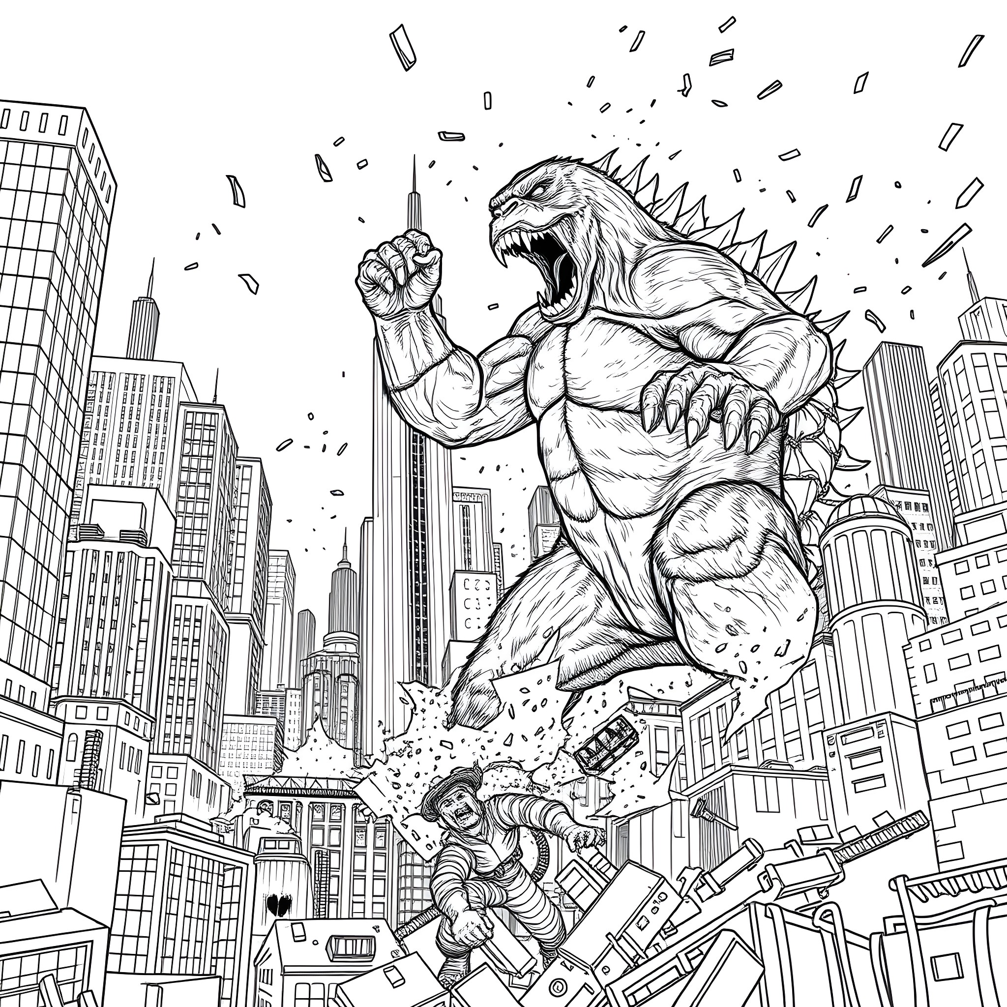 King Kong rampaging through the city streets Coloring Page (free black-and-white line drawing printable PDF for all, from beginners to advanced learners, including children, teens, adults, and seniors)
