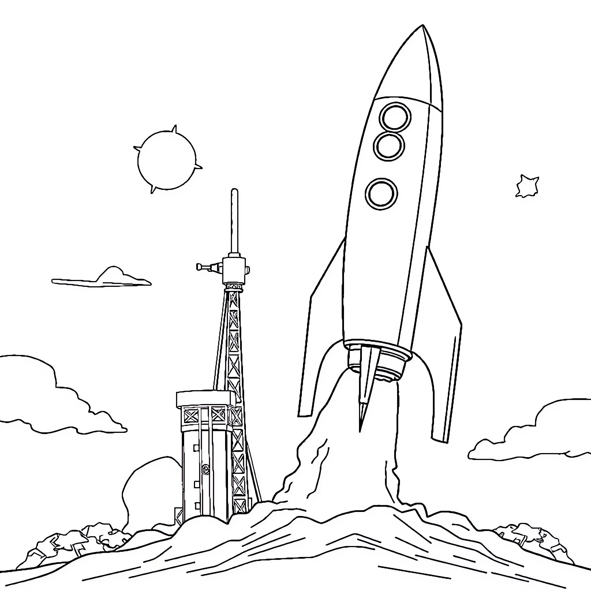 Rocket launching into the sky Coloring Page (free black-and-white line drawing printable PDF for all, from beginners to advanced learners, including children, teens, adults, and seniors)