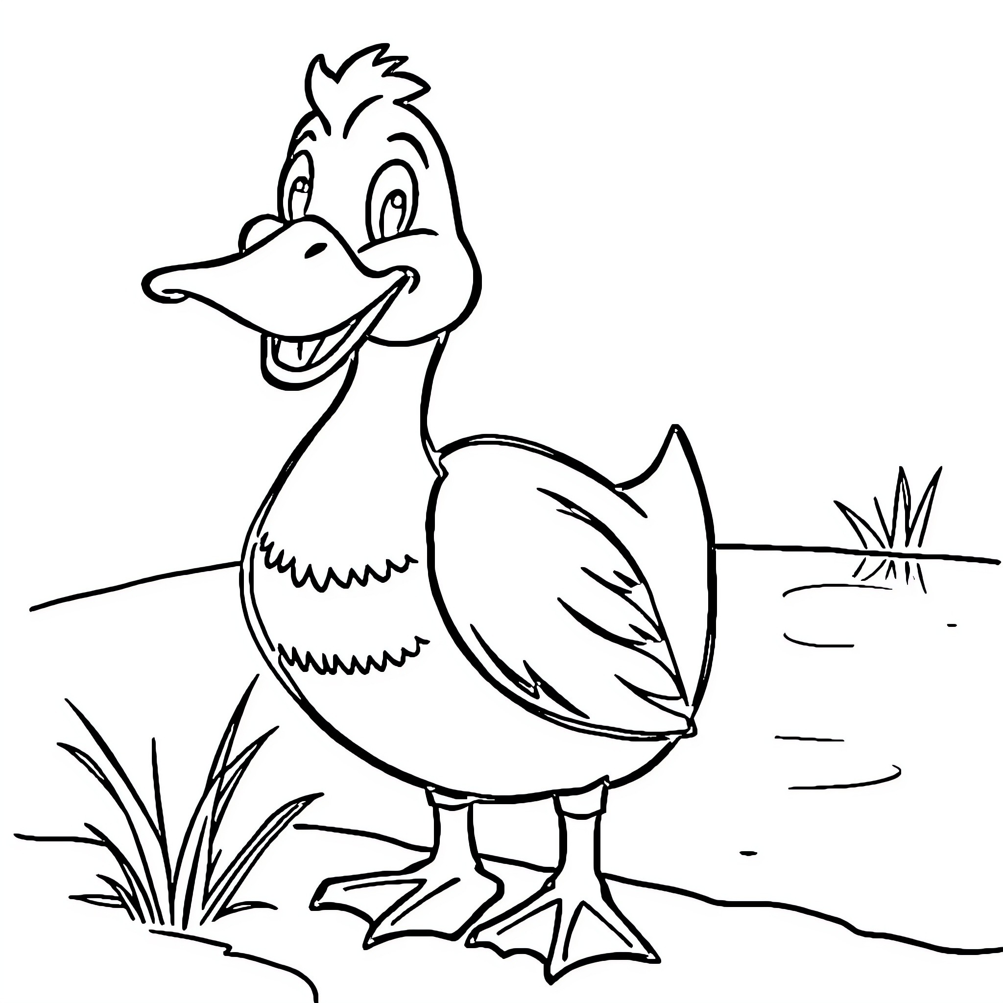 Duck waddling happily in the field Coloring Page (free black-and-white line drawing printable PDF for all, from beginners to advanced learners, including children, teens, adults, and seniors)