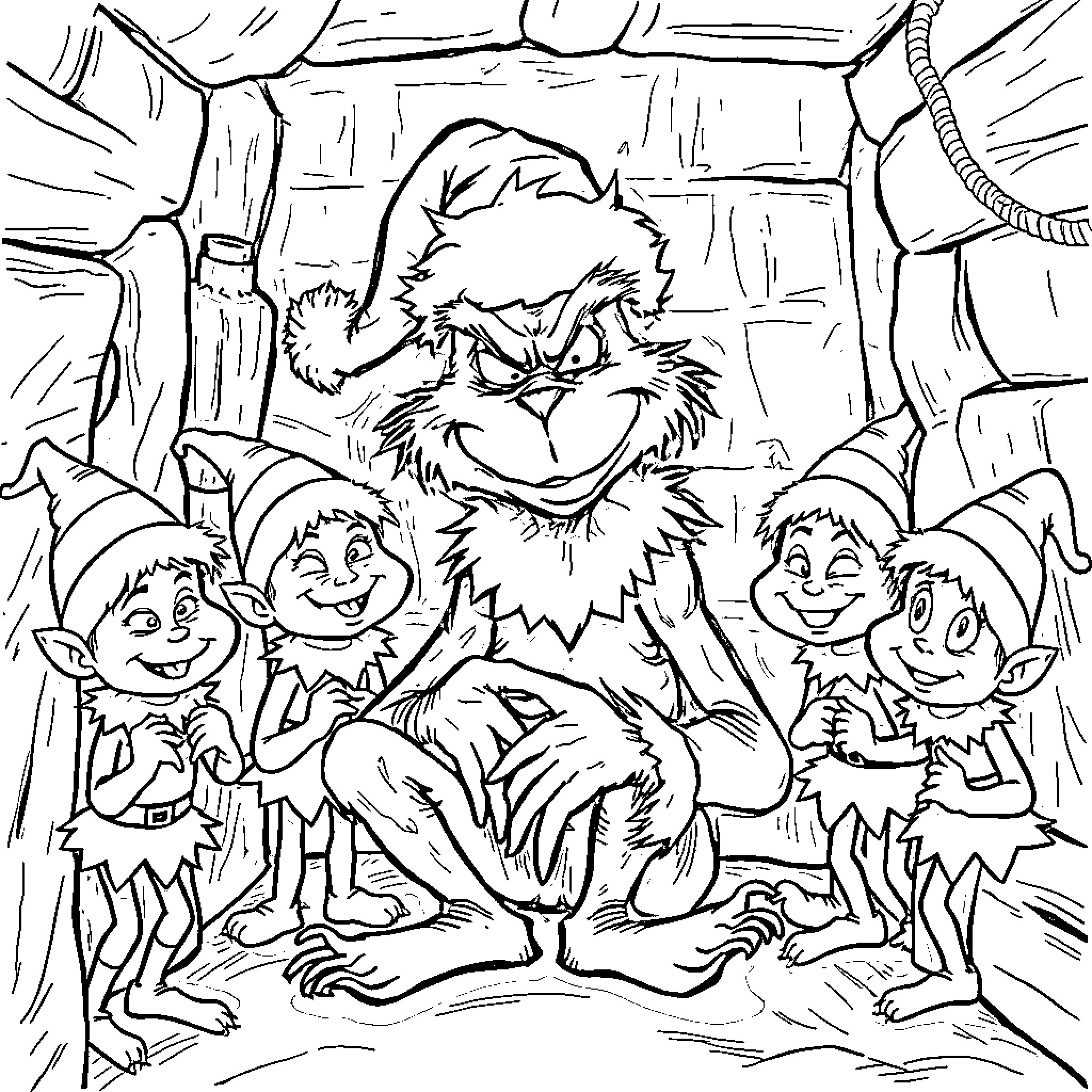 Grinch and Elves Mischief in the Cave Coloring Page (free black-and-white line drawing printable PDF for all, from beginners to advanced learners, including children, teens, adults, and seniors)