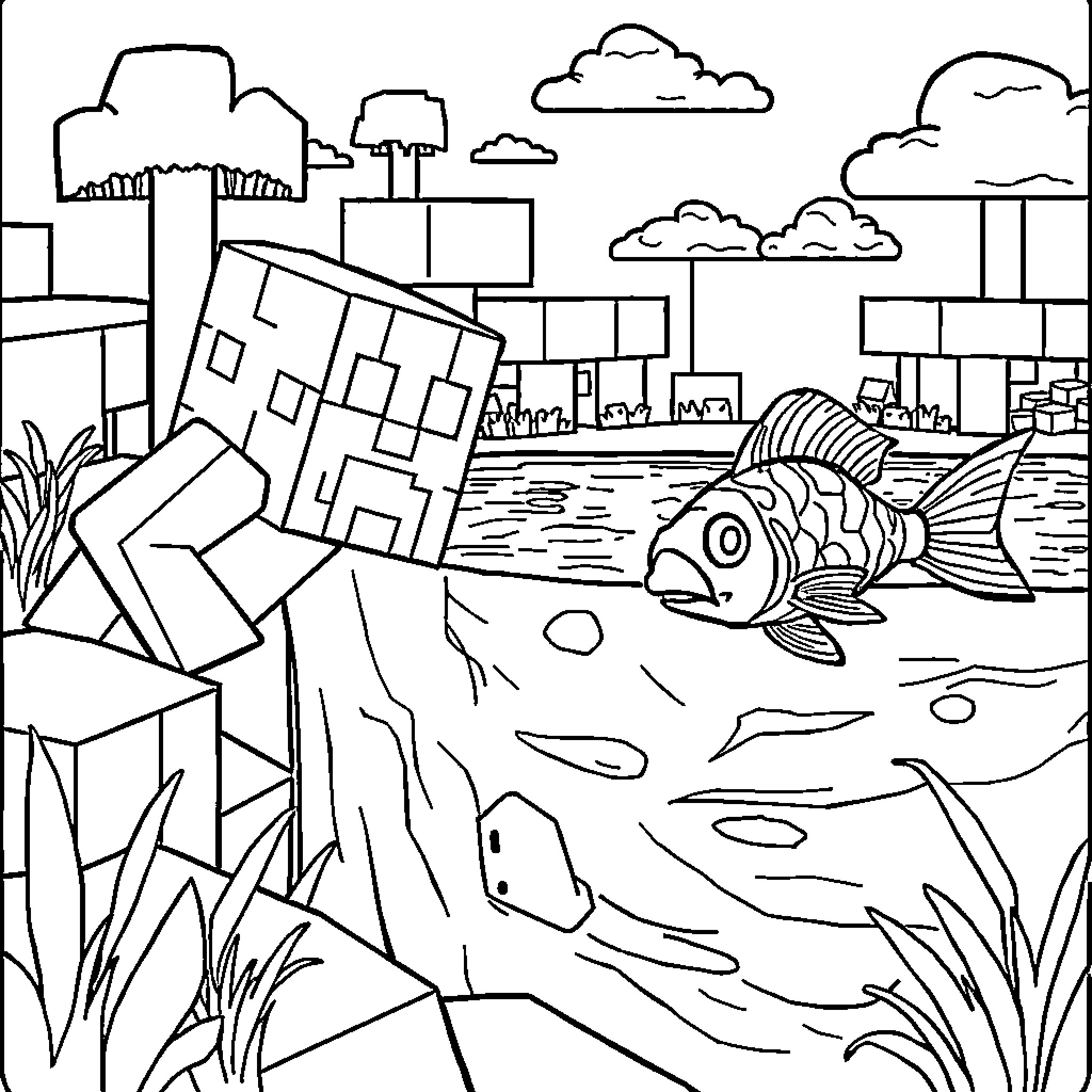 Creeper Exploring Underwater City Landscape Coloring Page (free black-and-white line drawing printable PDF for all, from beginners to advanced learners, including children, teens, adults, and seniors)