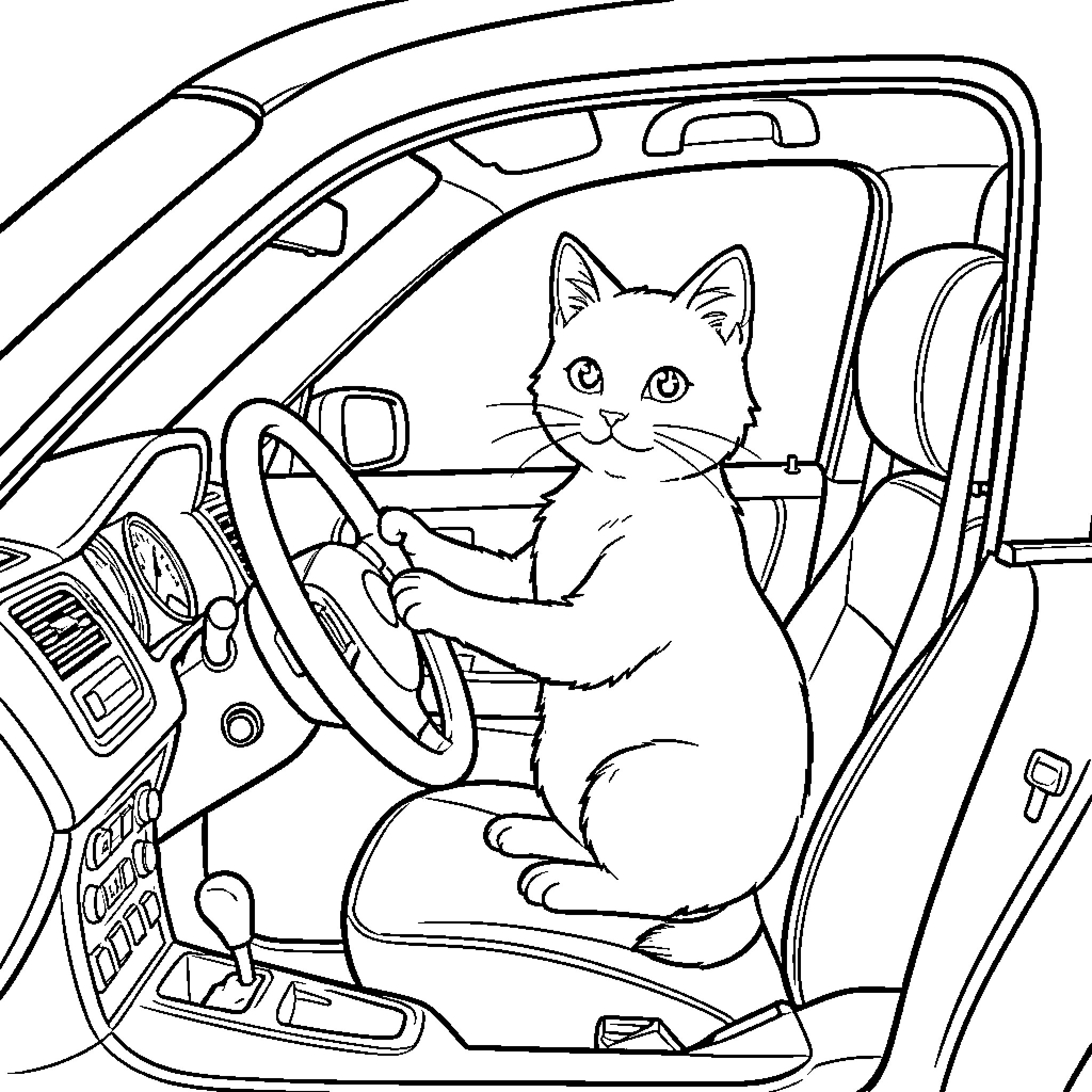 Gato sitting in the driver's seat of a car Coloring Page (free black-and-white line drawing printable PDF for all, from beginners to advanced learners, including children, teens, adults, and seniors)
