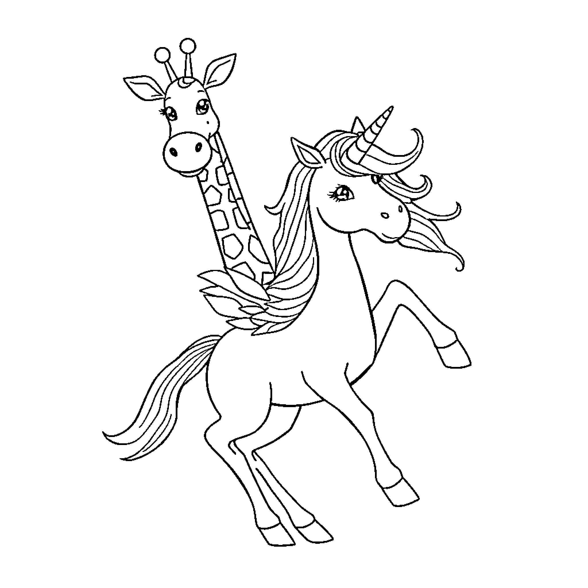 Unicorn and Giraffe Fantastical Adventure Coloring Page (free black-and-white line drawing printable PDF for all, from beginners to advanced learners, including children, teens, adults, and seniors)