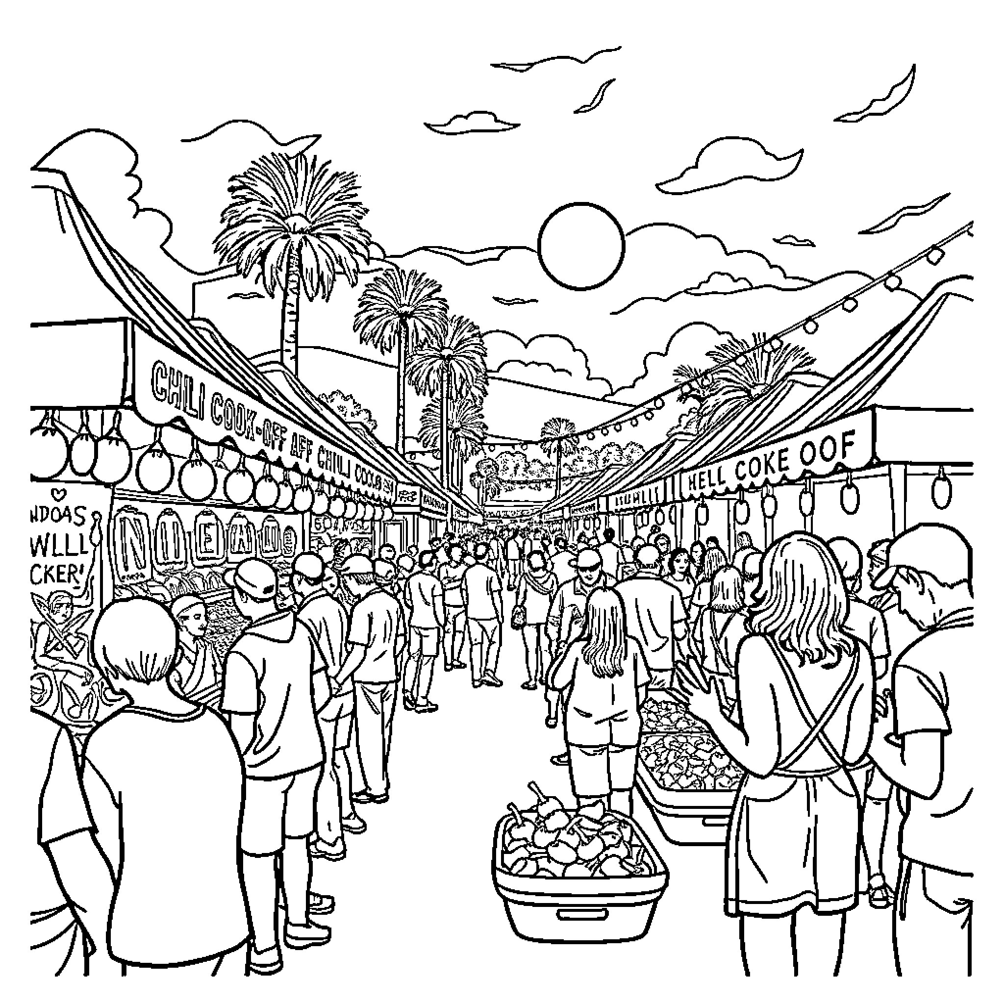 Chili festival with lively crowds and vibrant scene Coloring Page (free black-and-white line drawing printable PDF for all, from beginners to advanced learners, including children, teens, adults, and seniors)