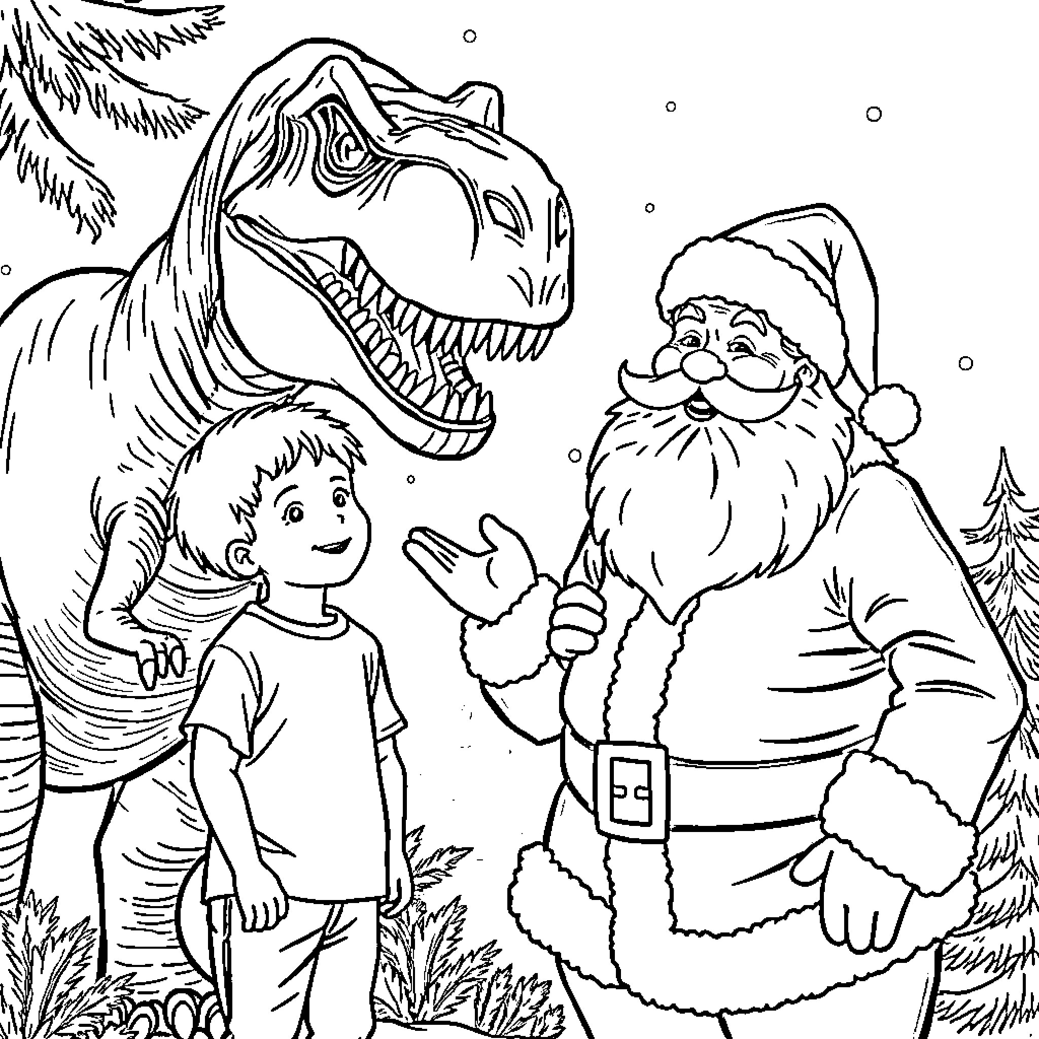 Tyrannosaurus and Santa Claus meet a young boy in the forest Coloring Page (free black-and-white line drawing printable PDF for all, from beginners to advanced learners, including children, teens, adults, and seniors)