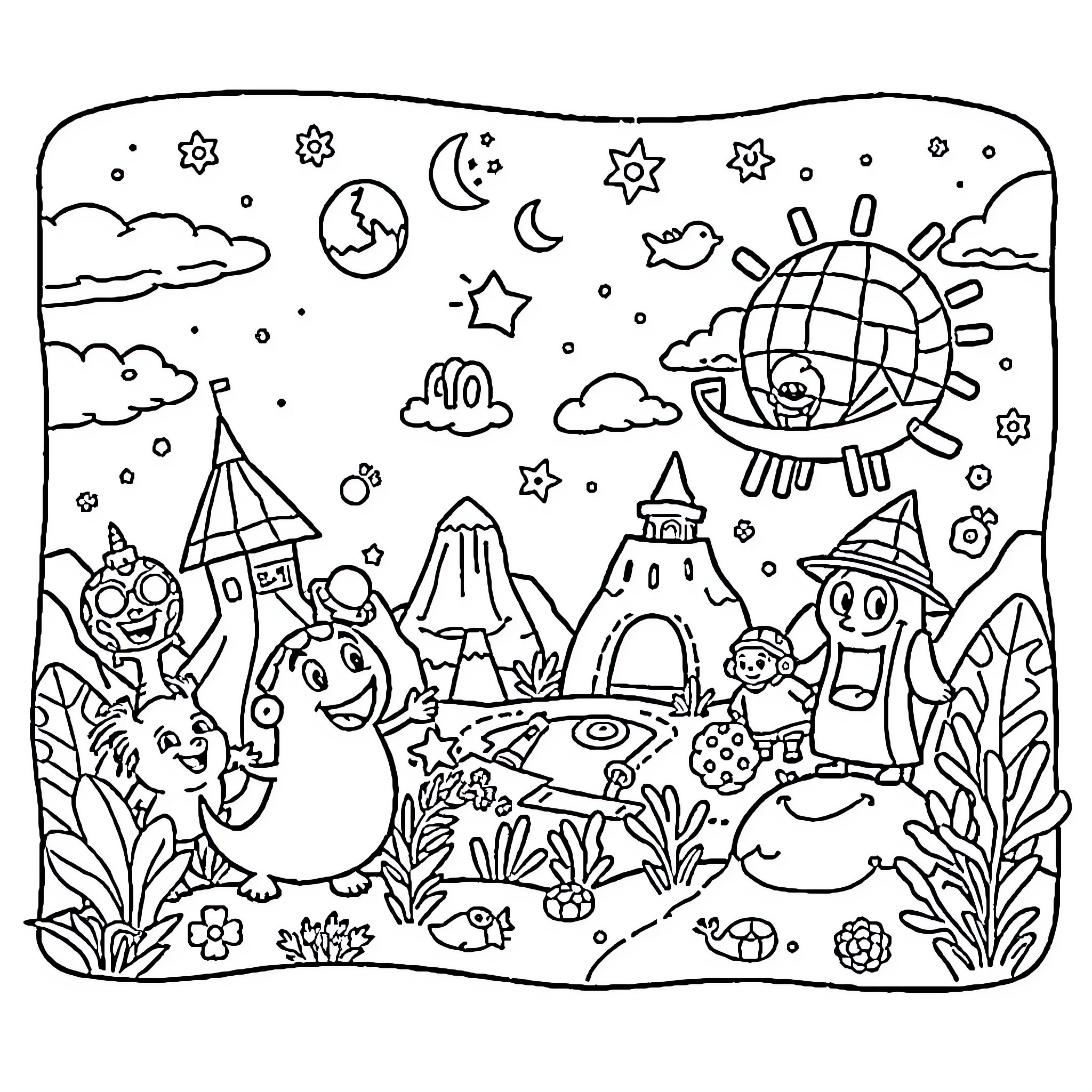 BFDI Whimsical characters in a fantastical landscape Coloring Page (free black-and-white line drawing printable PDF for all, from beginners to advanced learners, including children, teens, adults, and seniors)