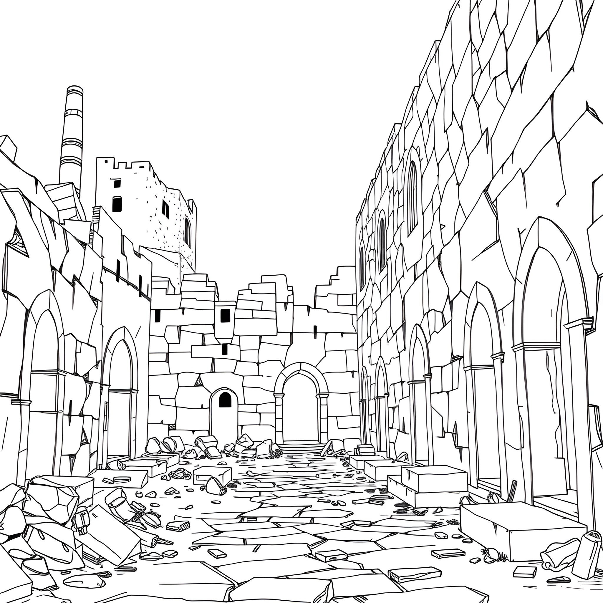Erbil Citadel: Ancient Architecture Amid Ruins Coloring Page (free black-and-white line drawing printable PDF for all, from beginners to advanced learners, including children, teens, adults, and seniors)