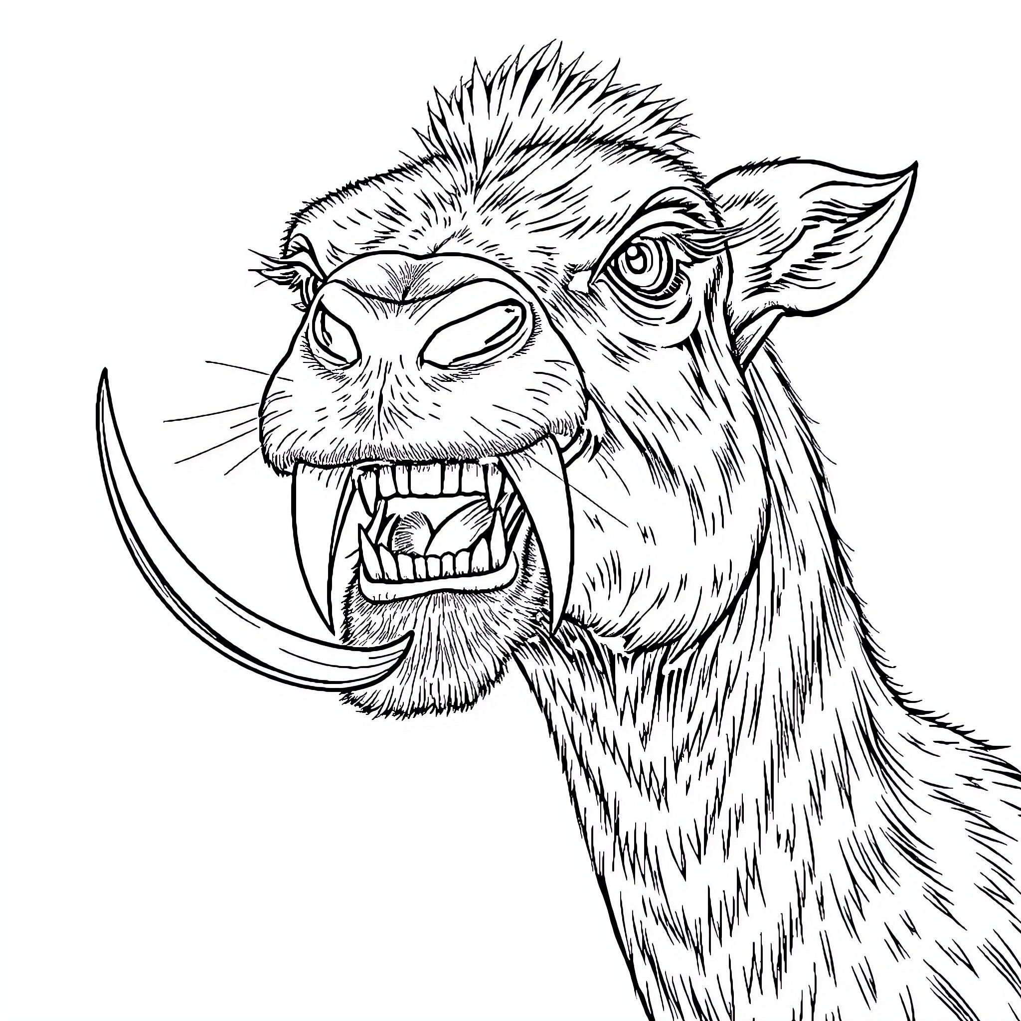 Sable the Fierce Saber-Toothed Beast Coloring Page (free black-and-white line drawing printable PDF for all, from beginners to advanced learners, including children, teens, adults, and seniors)