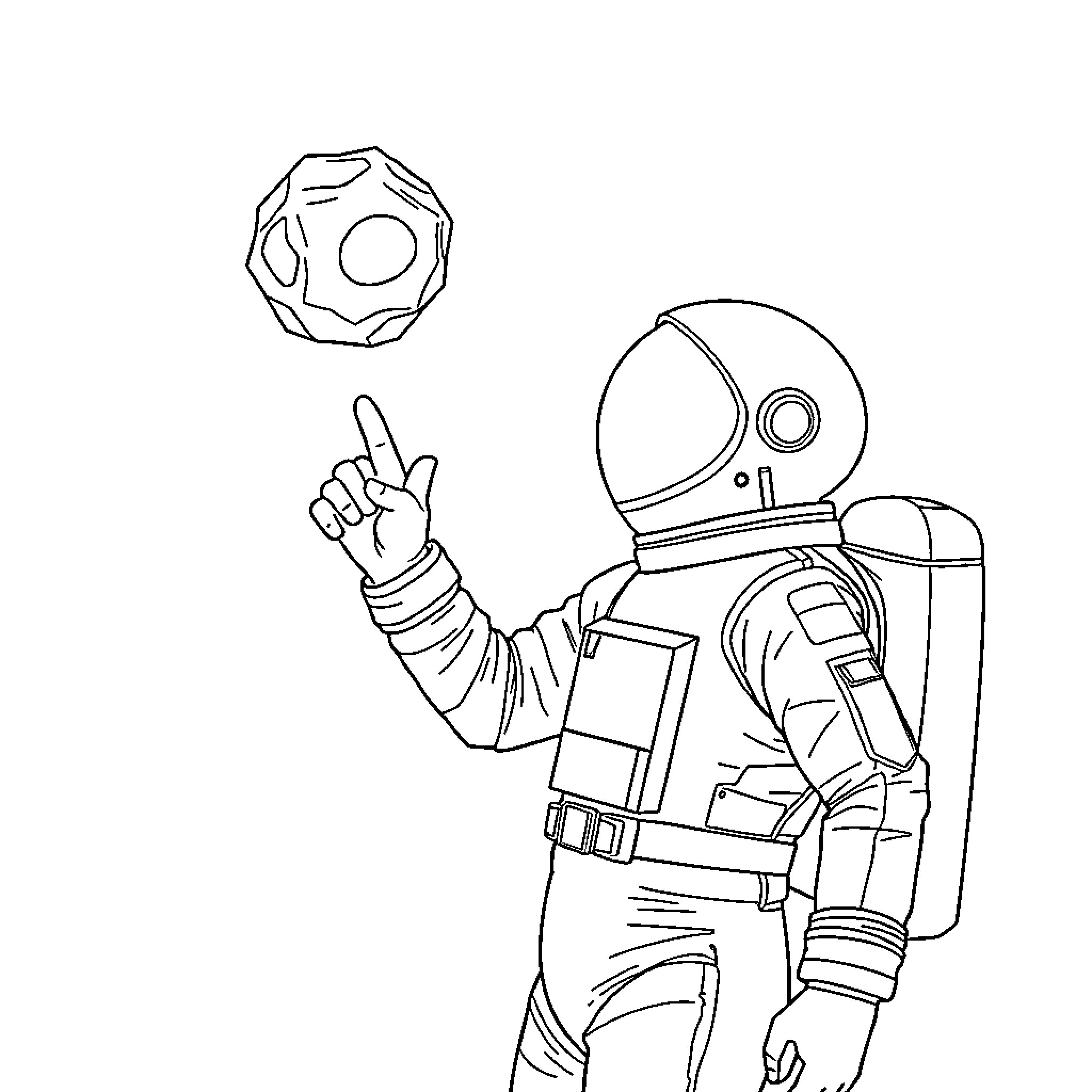 Astronaut pointing and holding an object Coloring Page (free black-and-white line drawing printable PDF for all, from beginners to advanced learners, including children, teens, adults, and seniors)