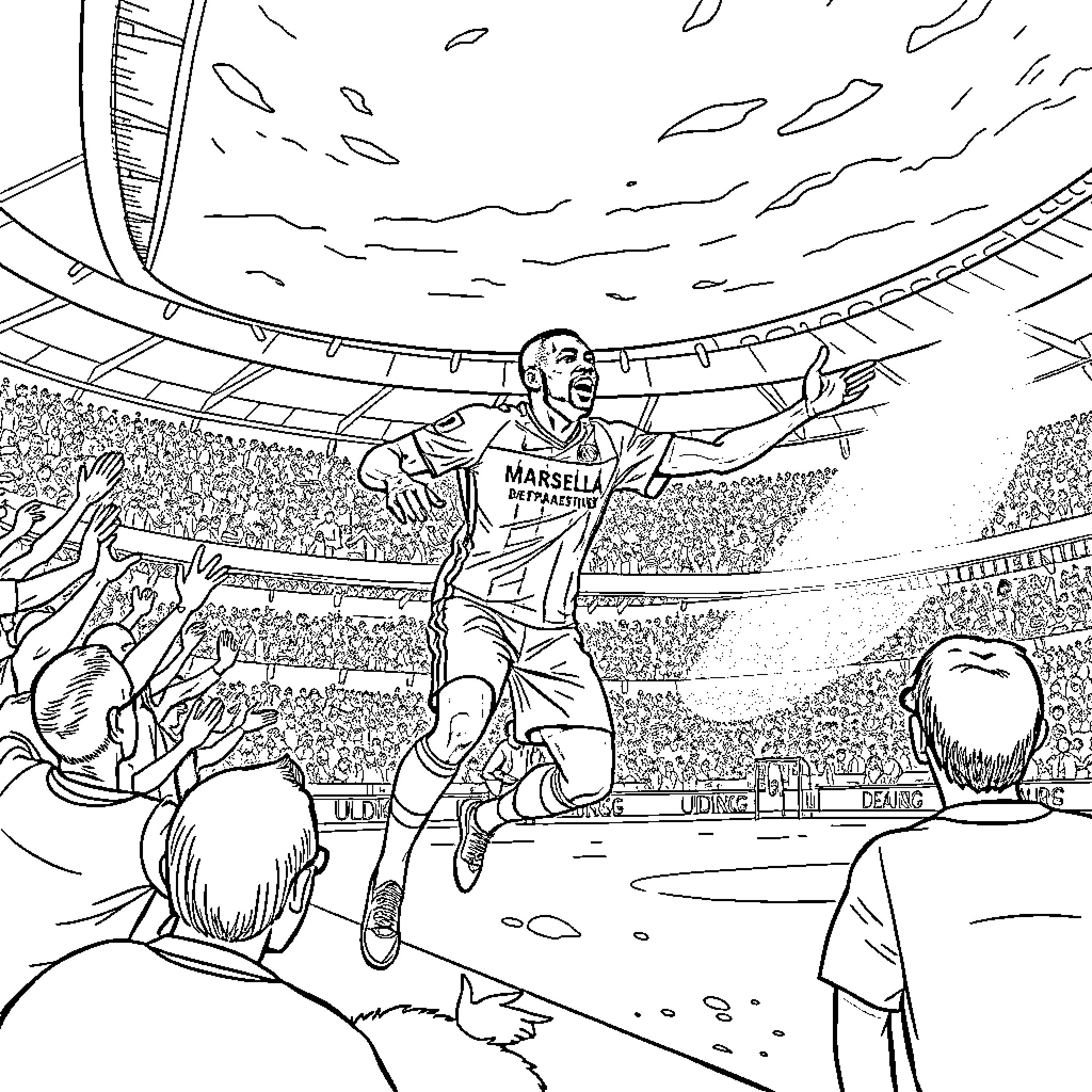 Olympique de Marseille Player Celebrates Victory in Stadium Coloring Page (free black-and-white line drawing printable PDF for all, from beginners to advanced learners, including children, teens, adults, and seniors)