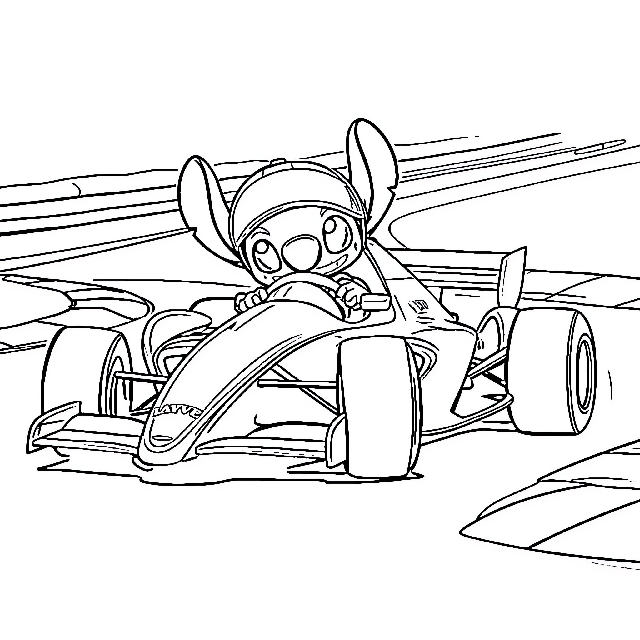 Stitch racing in formula car Coloring Page (free black-and-white line drawing printable PDF for all, from beginners to advanced learners, including children, teens, adults, and seniors)
