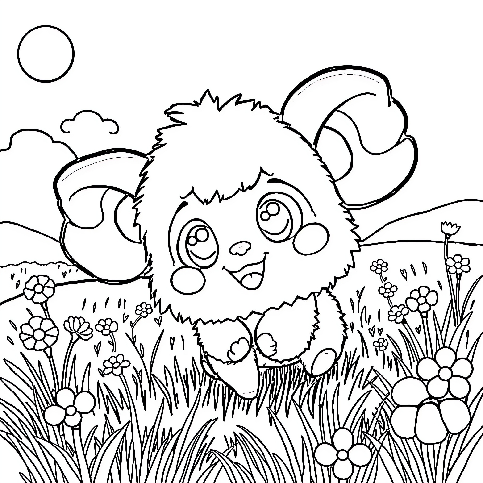 Doremona's Playful Adventure in the Meadow Coloring Page (free black-and-white line drawing printable PDF for all, from beginners to advanced learners, including children, teens, adults, and seniors)