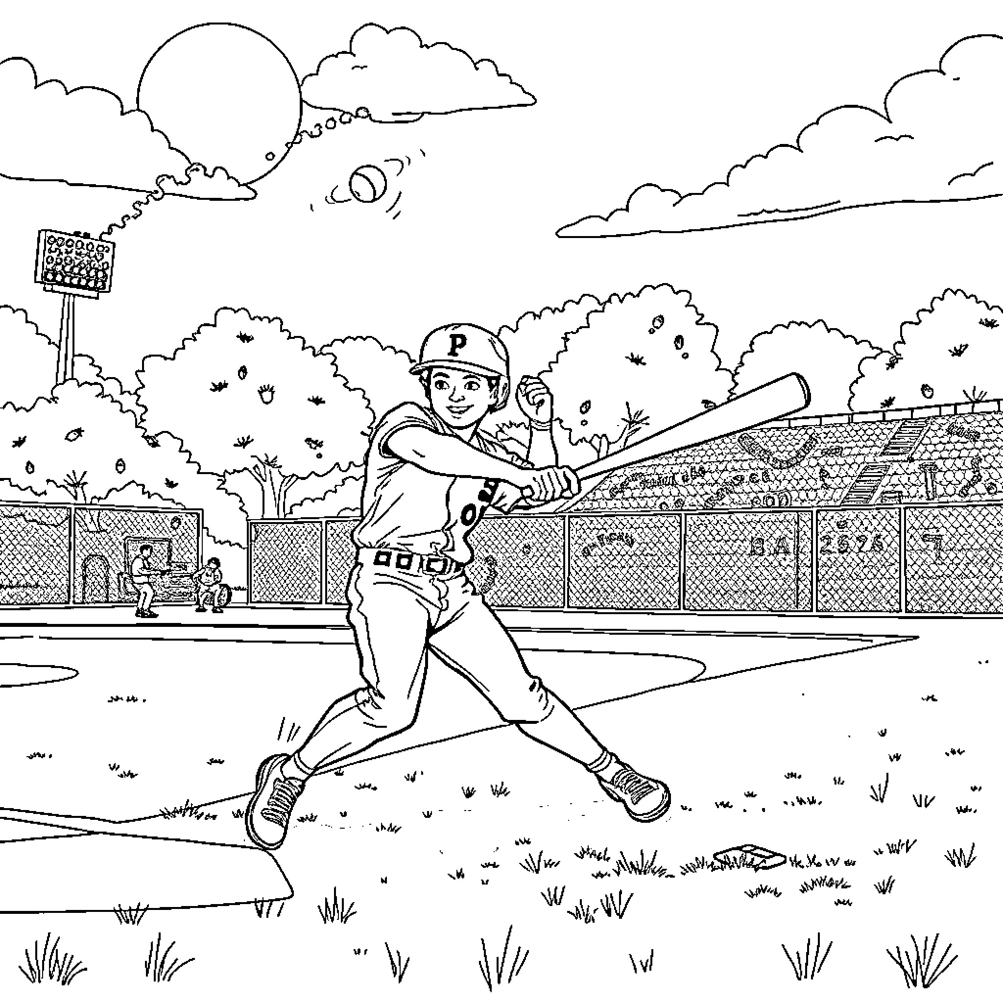 Spayde's Baseball Game in the Park Coloring Page (free black-and-white line drawing printable PDF for all, from beginners to advanced learners, including children, teens, adults, and seniors)