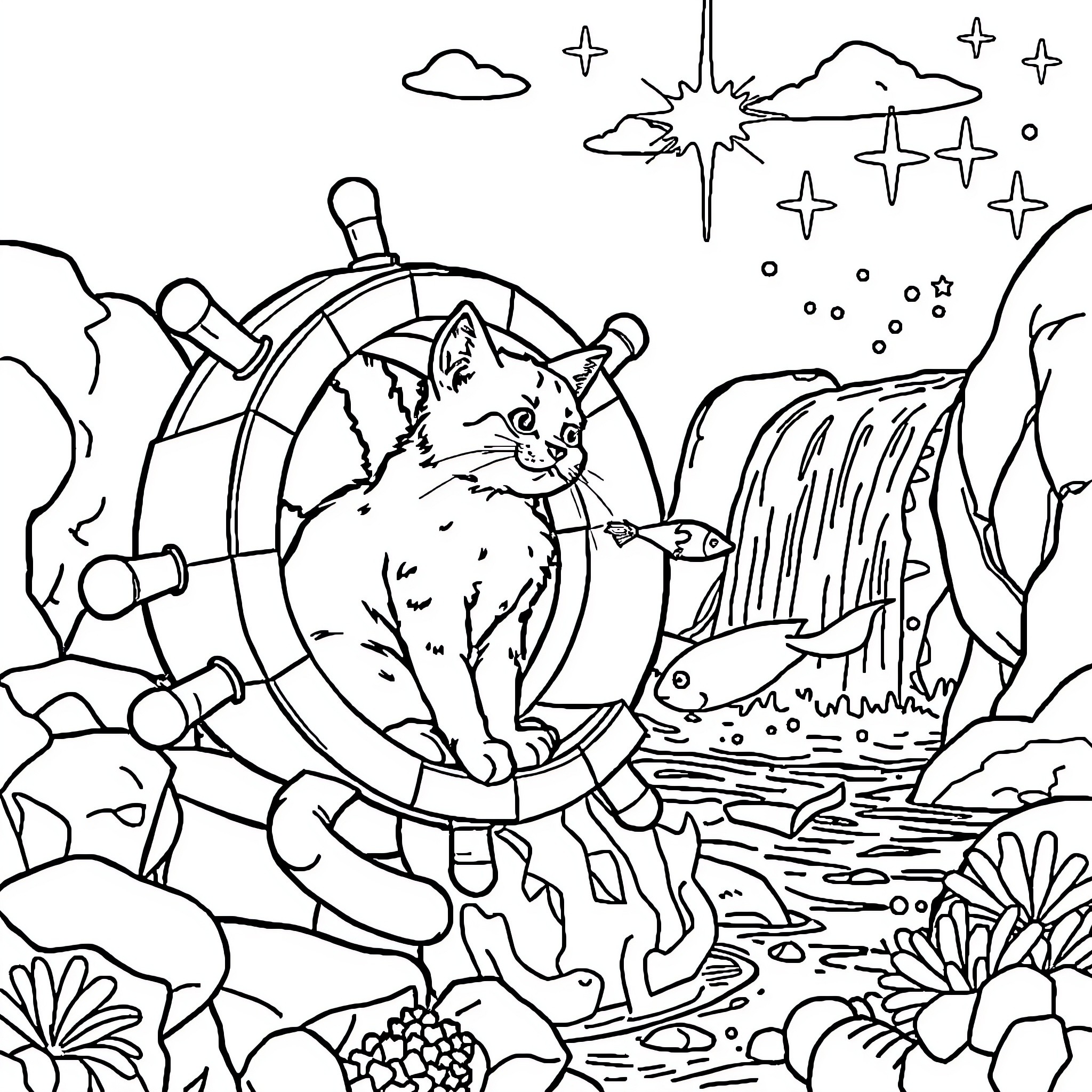 Cat exploring a magical underwater world Coloring Page (free black-and-white line drawing printable PDF for all, from beginners to advanced learners, including children, teens, adults, and seniors)