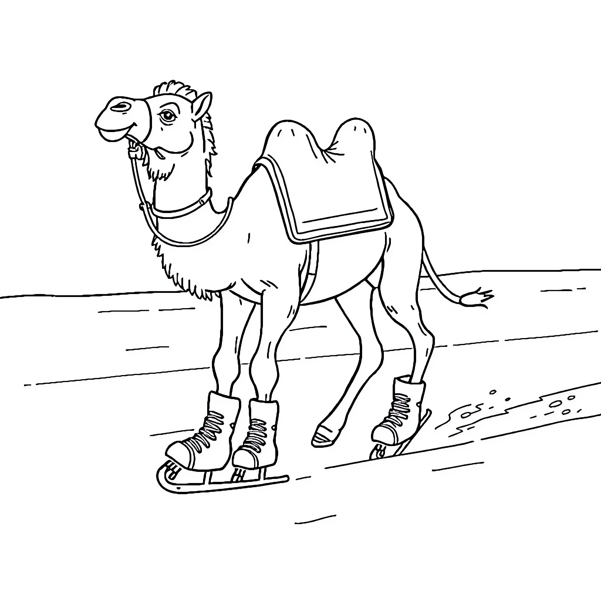 Camel riding on skates in winter scene Coloring Page (free black-and-white line drawing printable PDF for all, from beginners to advanced learners, including children, teens, adults, and seniors)