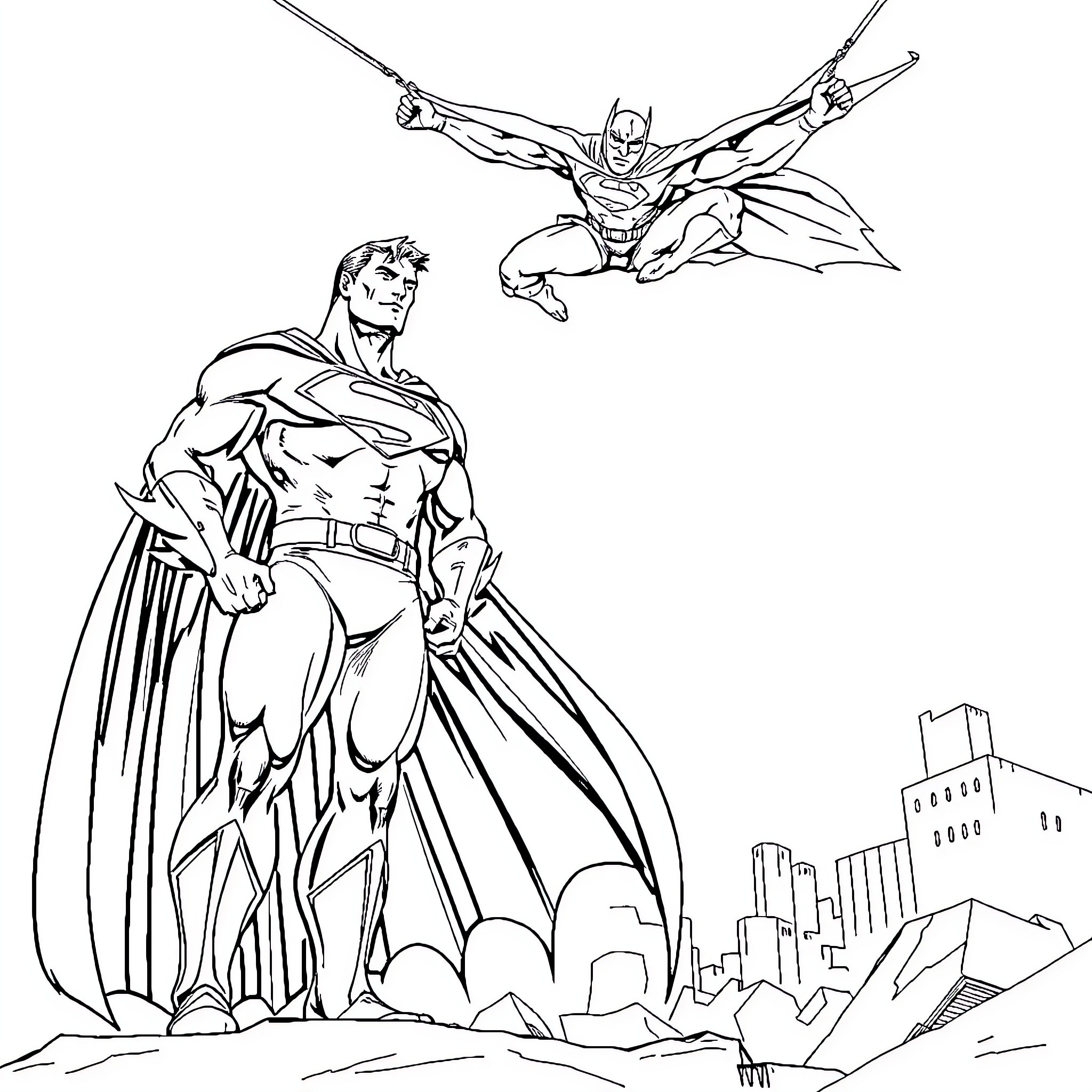 Superman heroic poses in action over city Coloring Page (free black-and-white line drawing printable PDF for all, from beginners to advanced learners, including children, teens, adults, and seniors)