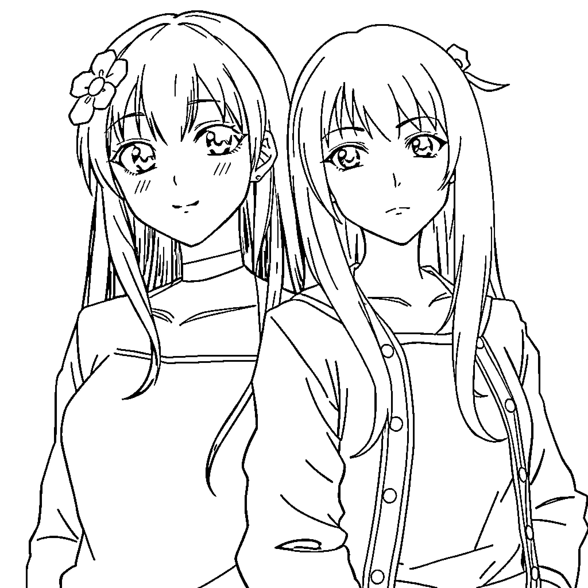 Character portrait of two anime-style girls Coloring Page (free black-and-white line drawing printable PDF for all, from beginners to advanced learners, including children, teens, adults, and seniors)