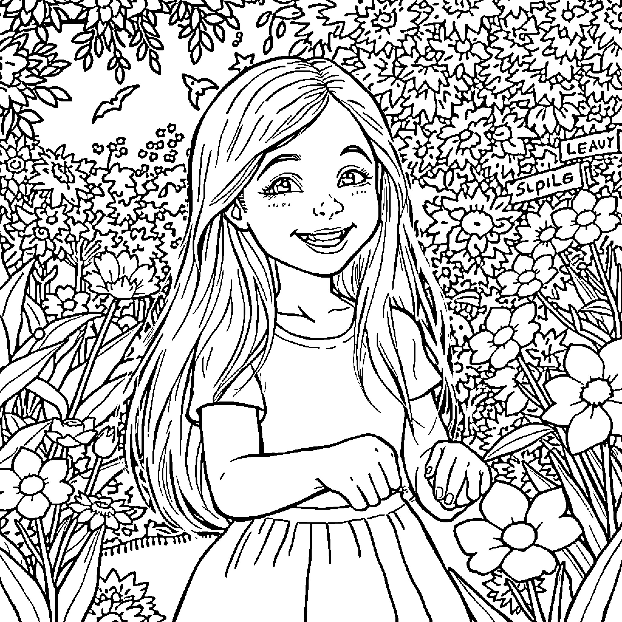 Young Girl Smiling Amidst Floral Garden Coloring Page (free black-and-white line drawing printable PDF for all, from beginners to advanced learners, including children, teens, adults, and seniors)
