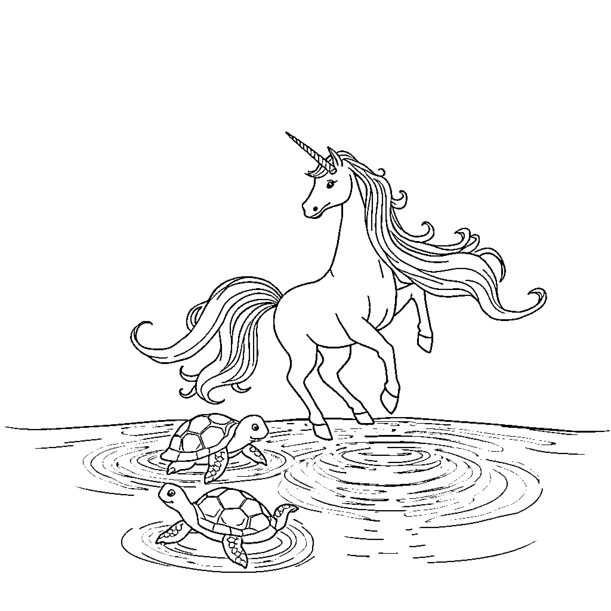 Unicorn frolicking in the enchanted pond Coloring Page (free black-and-white line drawing printable PDF for all, from beginners to advanced learners, including children, teens, adults, and seniors)