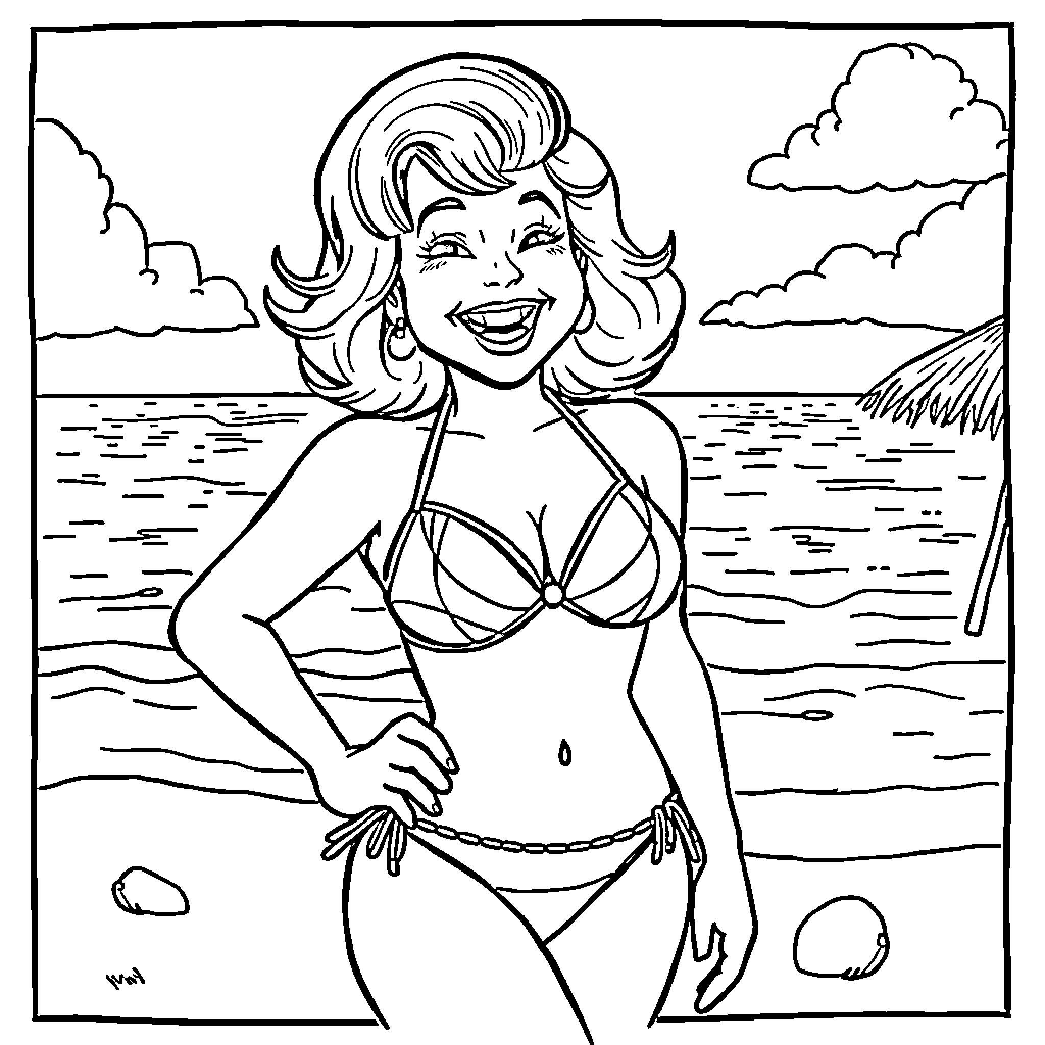 Betty White enjoying a sunny day at the beach Coloring Page (free black-and-white line drawing printable PDF for all, from beginners to advanced learners, including children, teens, adults, and seniors)