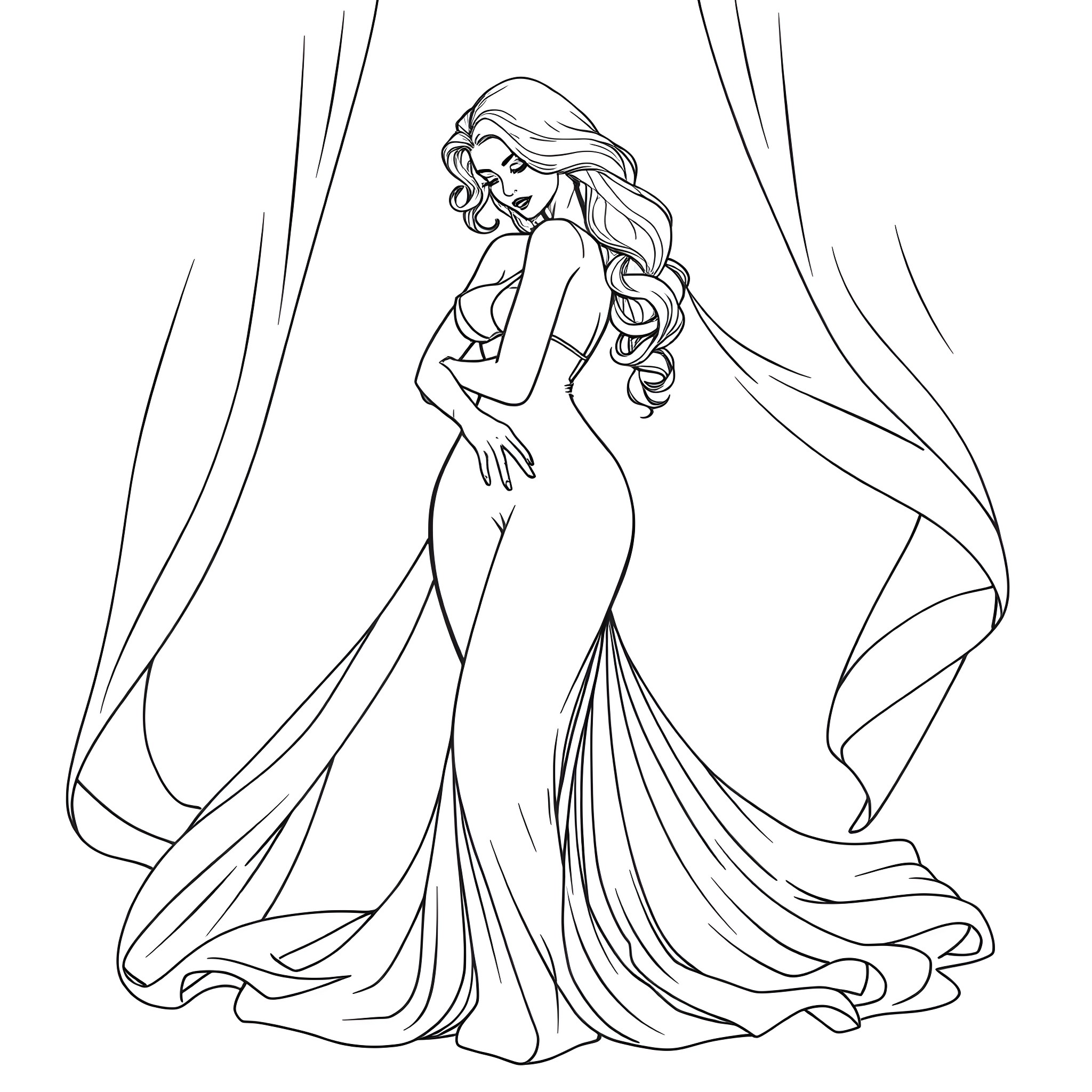 Woman in elegant gown posing gracefully Coloring Page (free black-and-white line drawing printable PDF for all, from beginners to advanced learners, including children, teens, adults, and seniors)