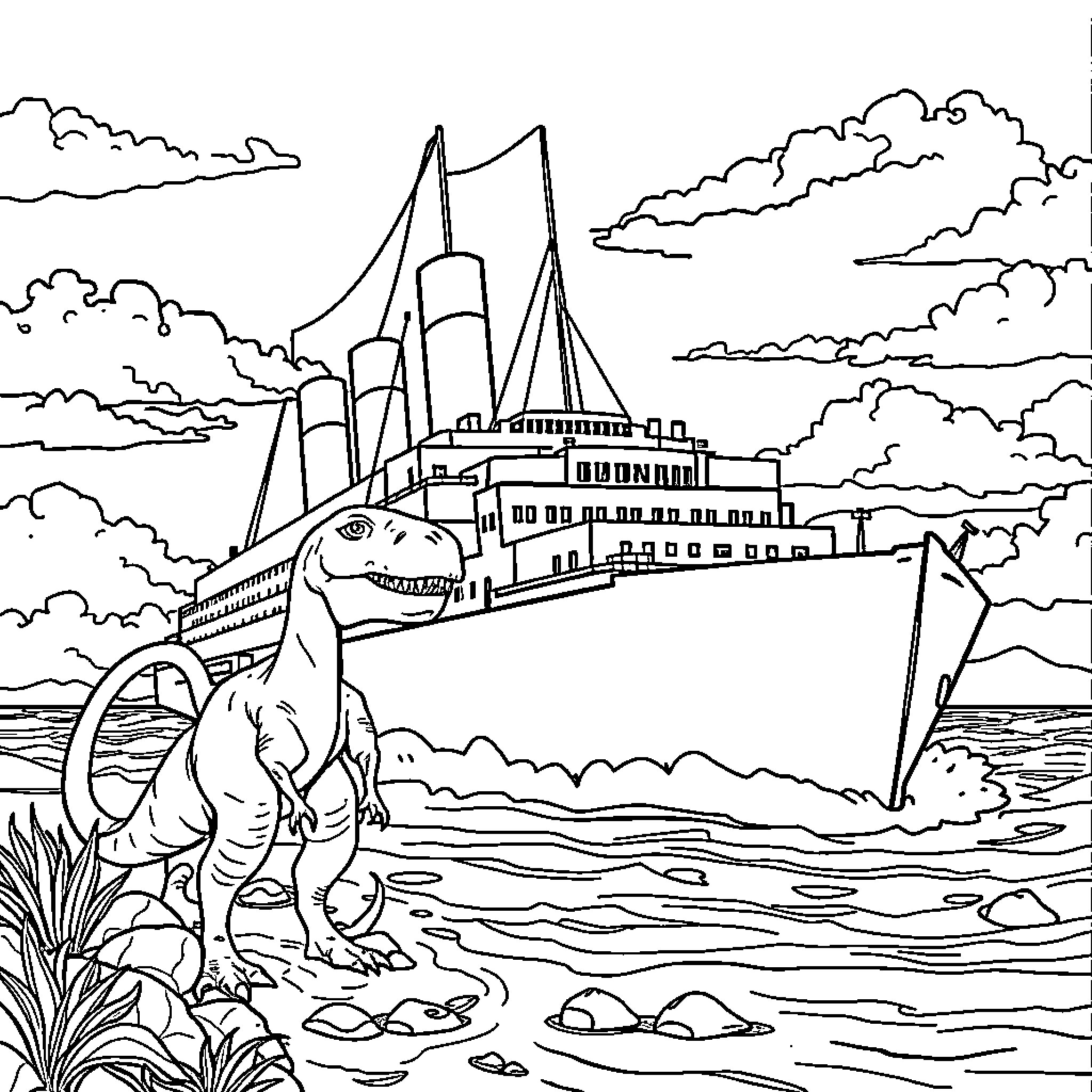 Titanic ship sinking in the ocean Coloring Page (free black-and-white line drawing printable PDF for all, from beginners to advanced learners, including children, teens, adults, and seniors)