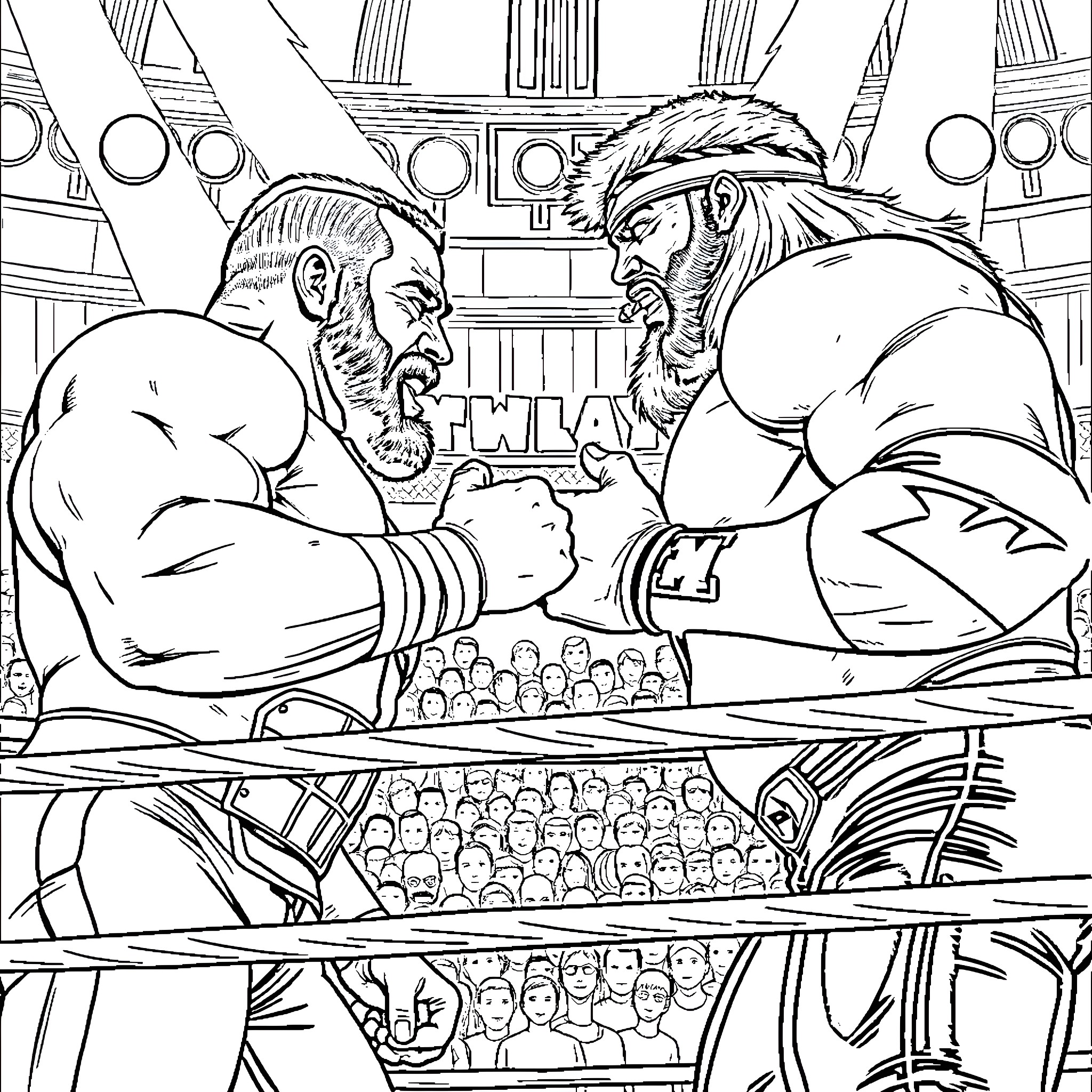 Mr T's Tough Arm Wrestling Match in the Arena Coloring Page (free black-and-white line drawing printable PDF for all, from beginners to advanced learners, including children, teens, adults, and seniors)