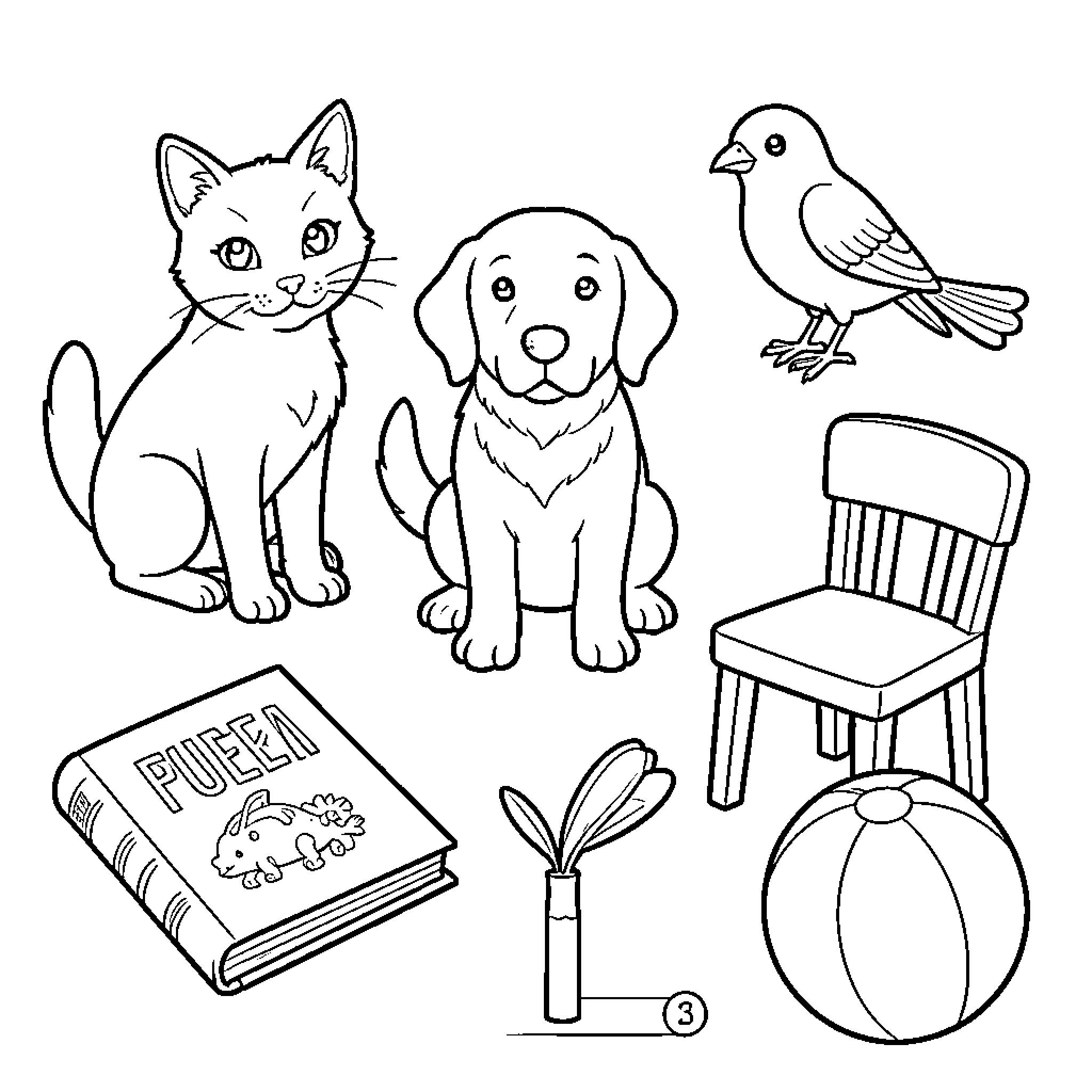 Thing with pets and toys in the room Coloring Page (free black-and-white line drawing printable PDF for all, from beginners to advanced learners, including children, teens, adults, and seniors)