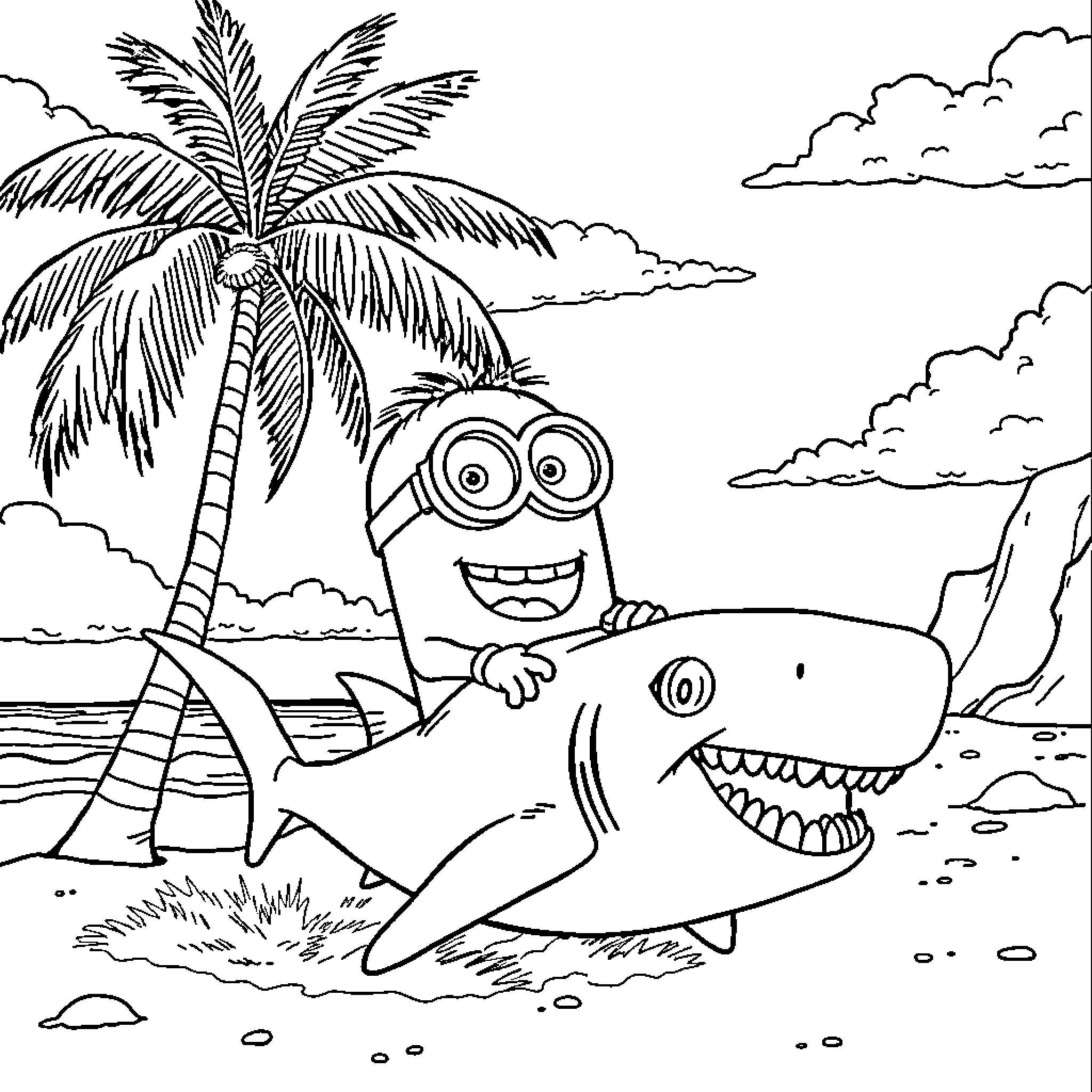 Minion playing happily with a shark on a beach Coloring Page (free black-and-white line drawing printable PDF for all, from beginners to advanced learners, including children, teens, adults, and seniors)