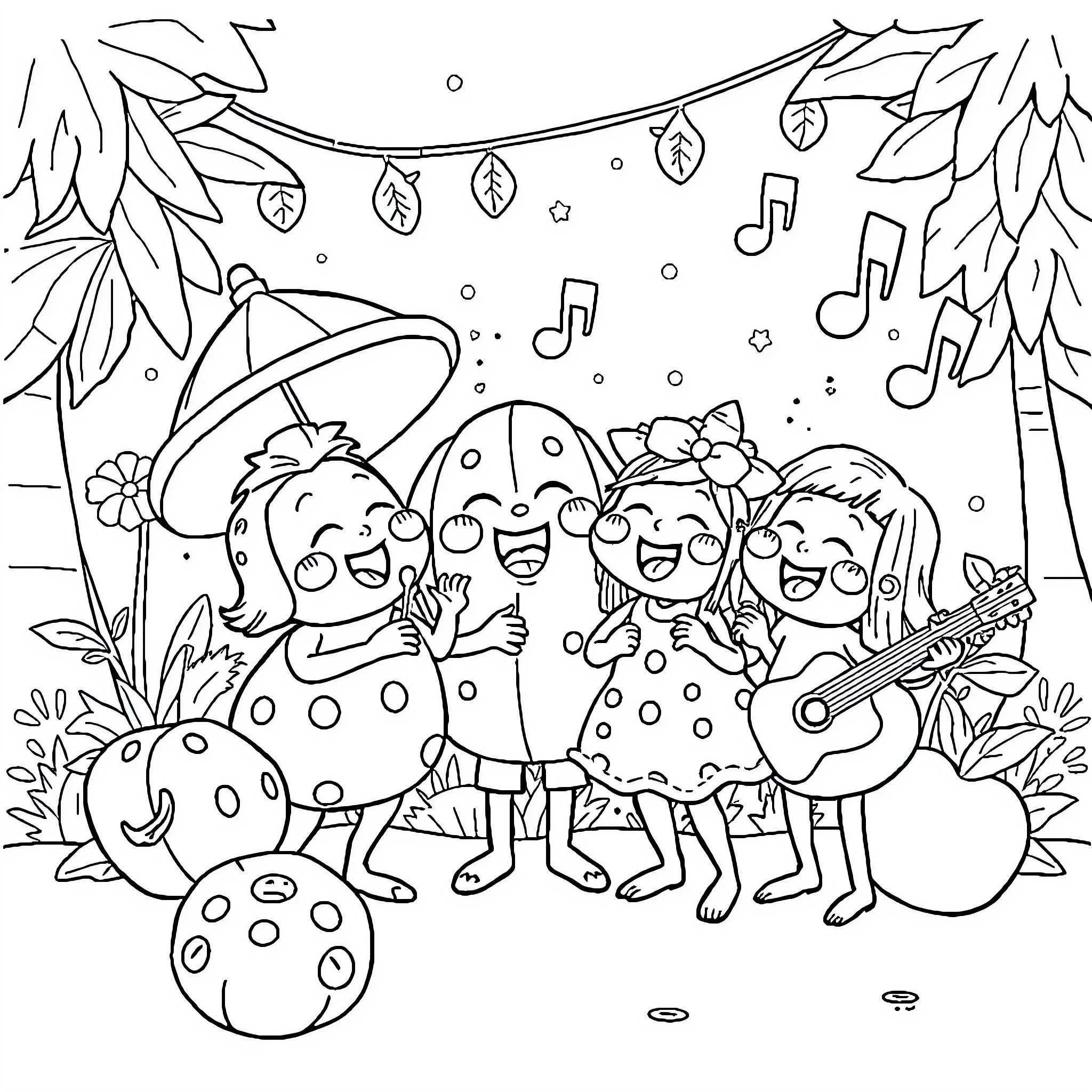 Cocomelon characters singing and dancing in the forest Coloring Page (free black-and-white line drawing printable PDF for all, from beginners to advanced learners, including children, teens, adults, and seniors)