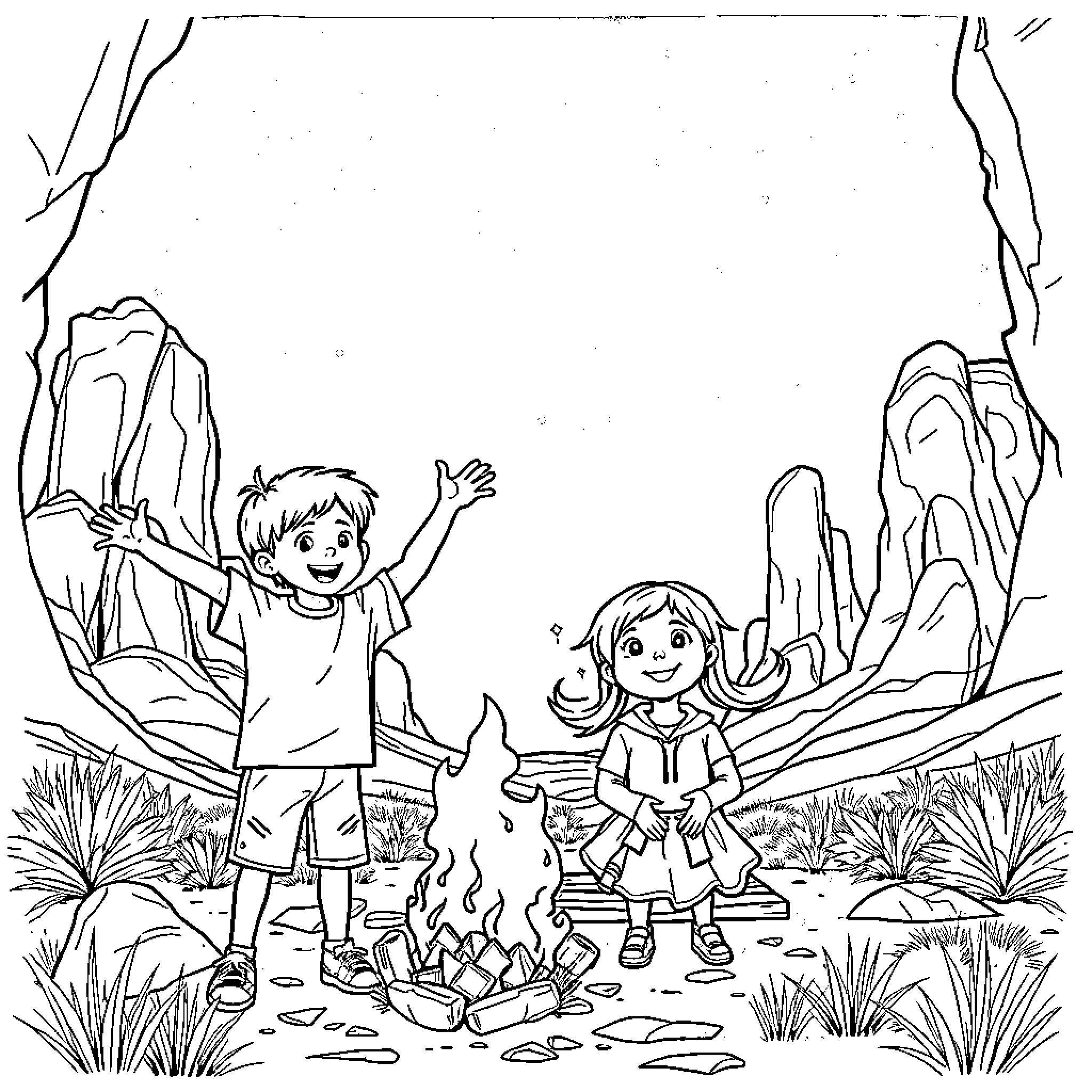 Children exploring the outdoors with campfire Coloring Page (free black-and-white line drawing printable PDF for all, from beginners to advanced learners, including children, teens, adults, and seniors)