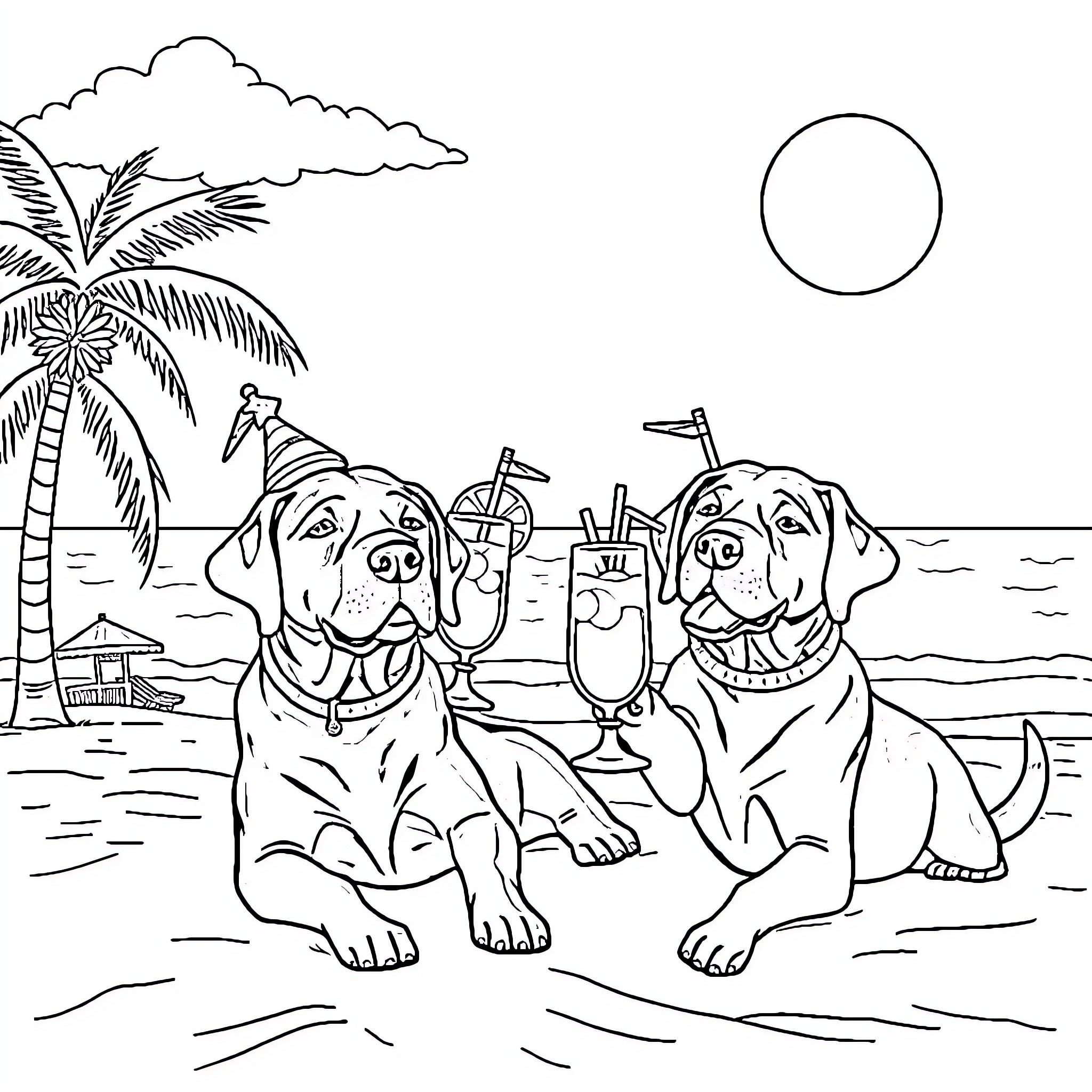 Labrador Dogs Enjoying Tropical Beach Vacation Coloring Page (free black-and-white line drawing printable PDF for all, from beginners to advanced learners, including children, teens, adults, and seniors)