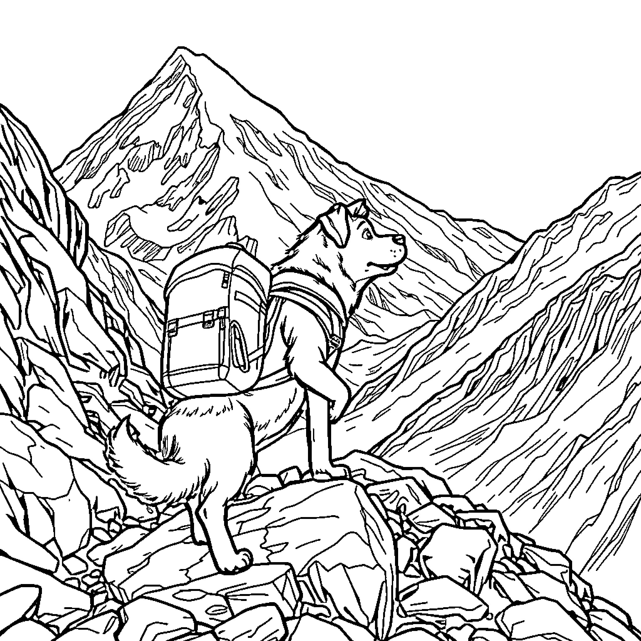 Dog hiking in the majestic mountains Coloring Page (free black-and-white line drawing printable PDF for all, from beginners to advanced learners, including children, teens, adults, and seniors)