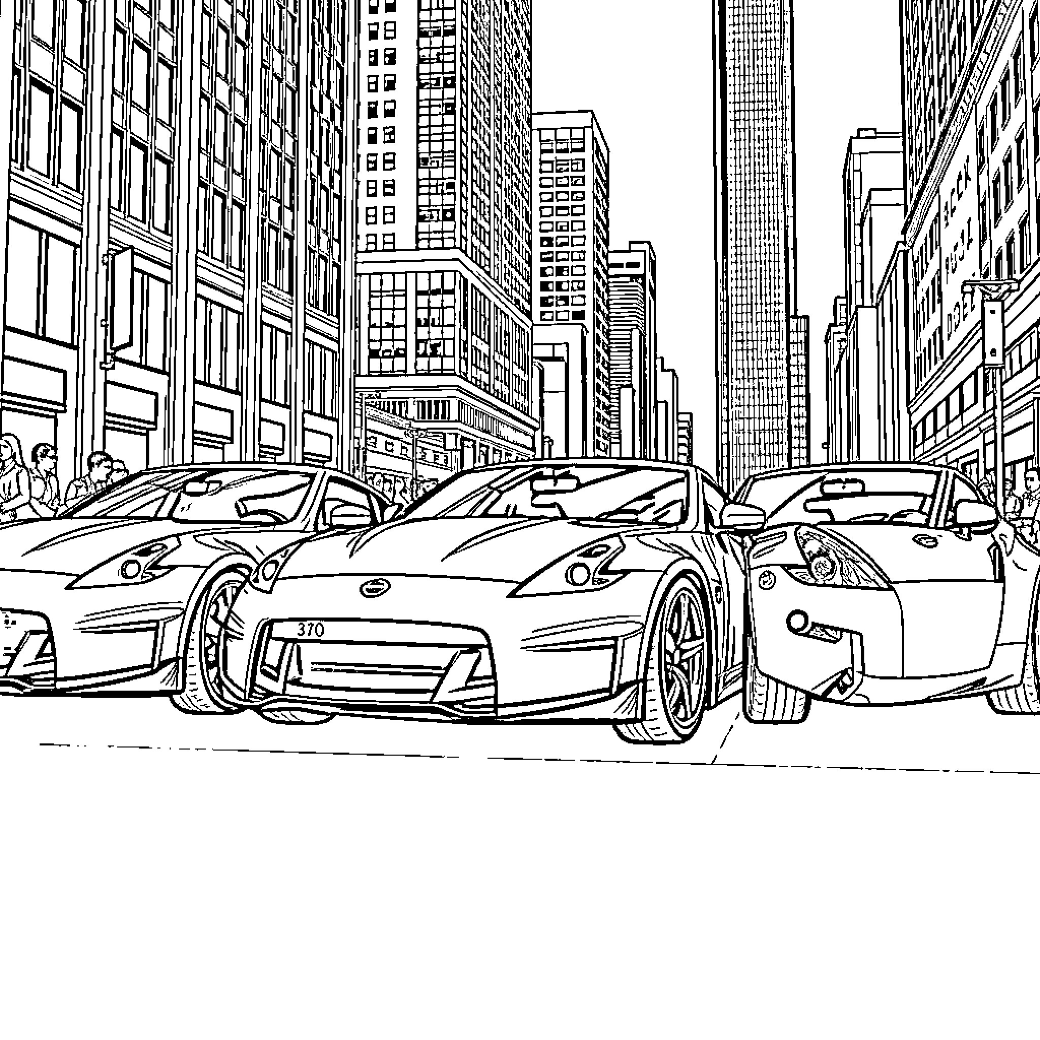 Nissan 370z street scene with modern cityscape Coloring Page (free black-and-white line drawing printable PDF for all, from beginners to advanced learners, including children, teens, adults, and seniors)