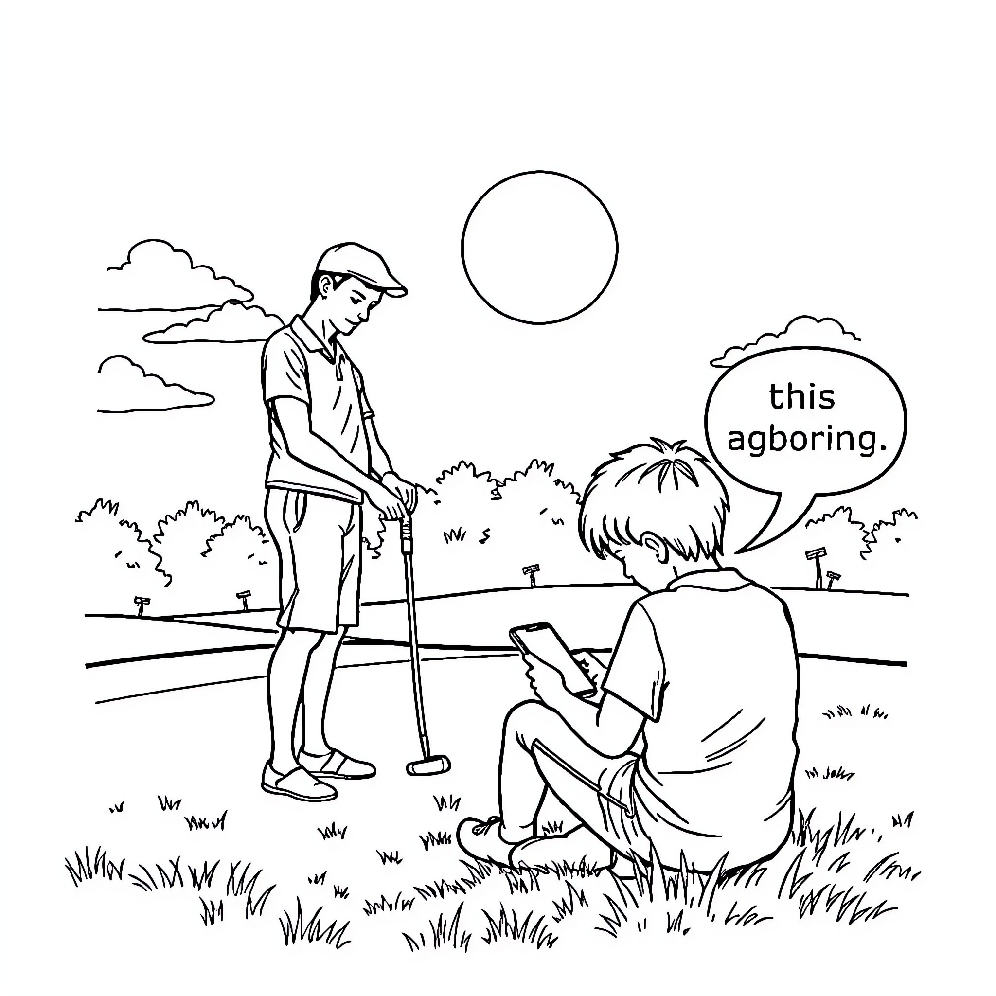 Dad golfs while his son sits on the grass Coloring Page (free black-and-white line drawing printable PDF for all, from beginners to advanced learners, including children, teens, adults, and seniors)