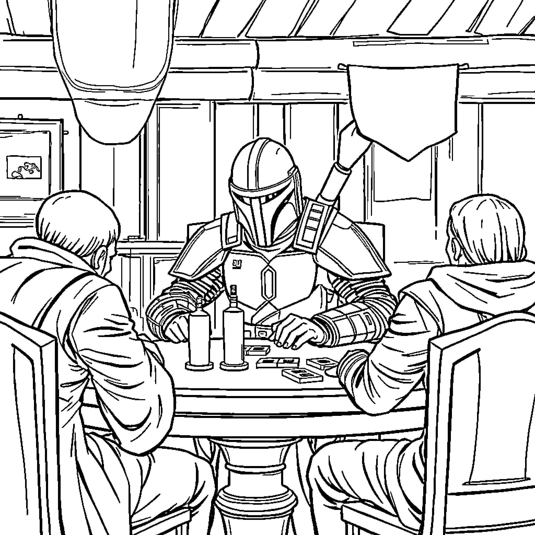 Mandalorian Warrior Enjoying Drinks in Cantina Coloring Page (free black-and-white line drawing printable PDF for all, from beginners to advanced learners, including children, teens, adults, and seniors)