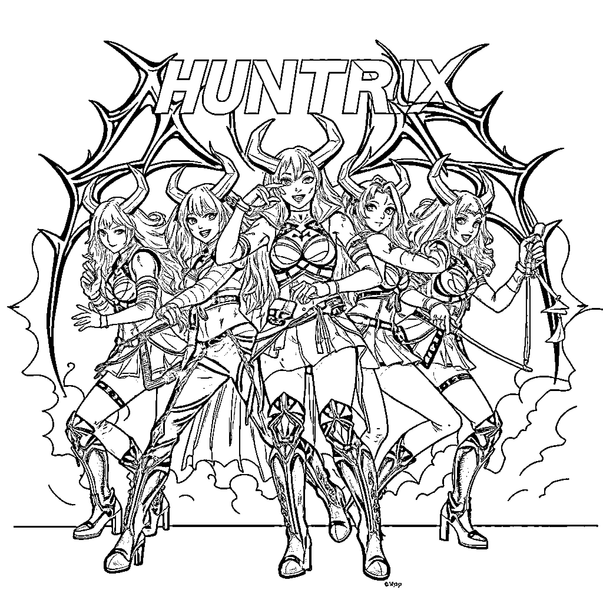 Huntrix heroines in action-packed adventure Coloring Page (free black-and-white line drawing printable PDF for all, from beginners to advanced learners, including children, teens, adults, and seniors)