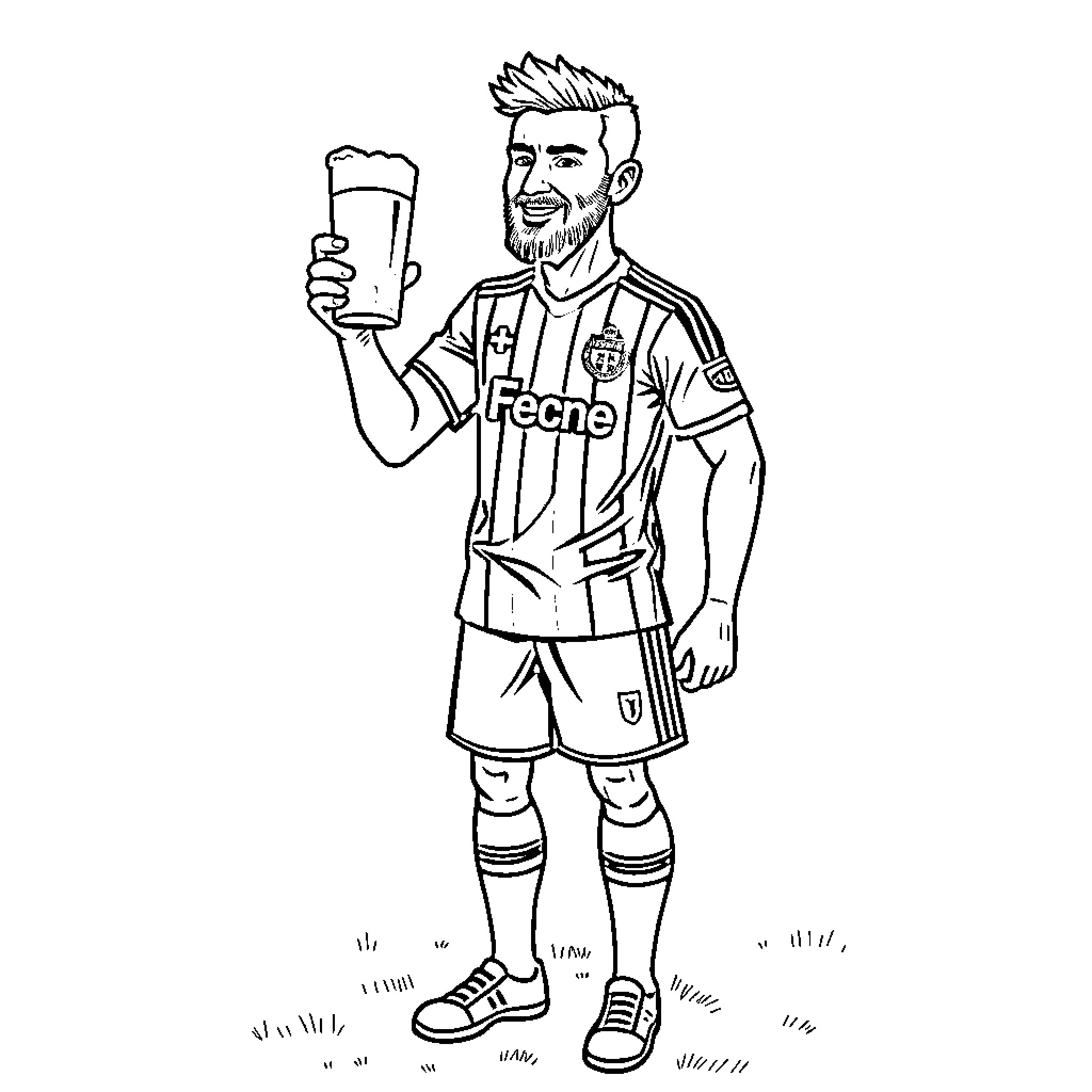 Soccer Player Celebrating with a Drink Coloring Page (free black-and-white line drawing printable PDF for all, from beginners to advanced learners, including children, teens, adults, and seniors)