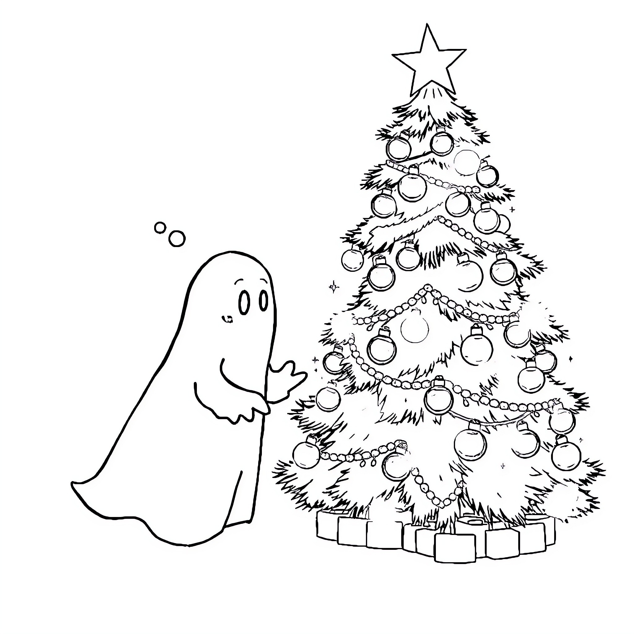 Ghost Decorating Christmas Tree with Ornaments Coloring Page (free black-and-white line drawing printable PDF for all, from beginners to advanced learners, including children, teens, adults, and seniors)
