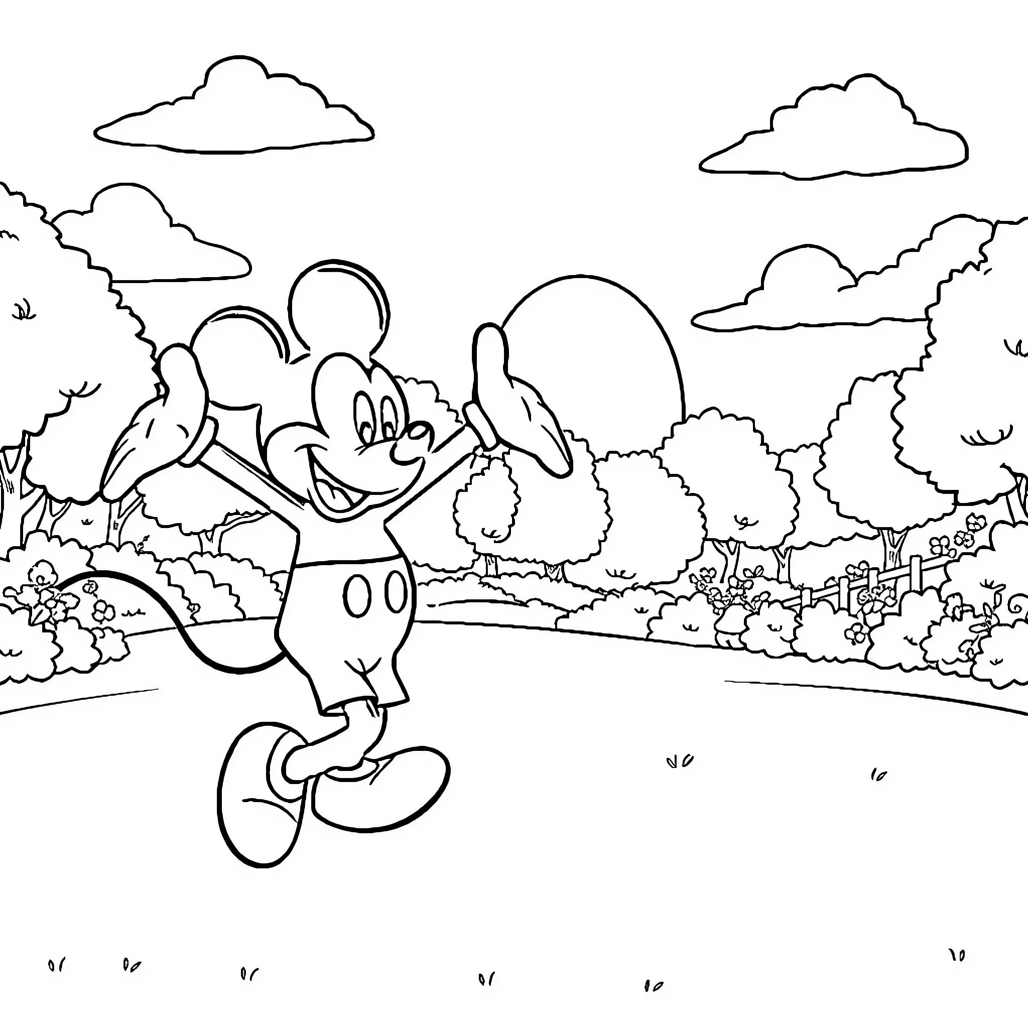 Mickey Mouse enjoying a cheerful day outdoors Coloring Page (free black-and-white line drawing printable PDF for all, from beginners to advanced learners, including children, teens, adults, and seniors)