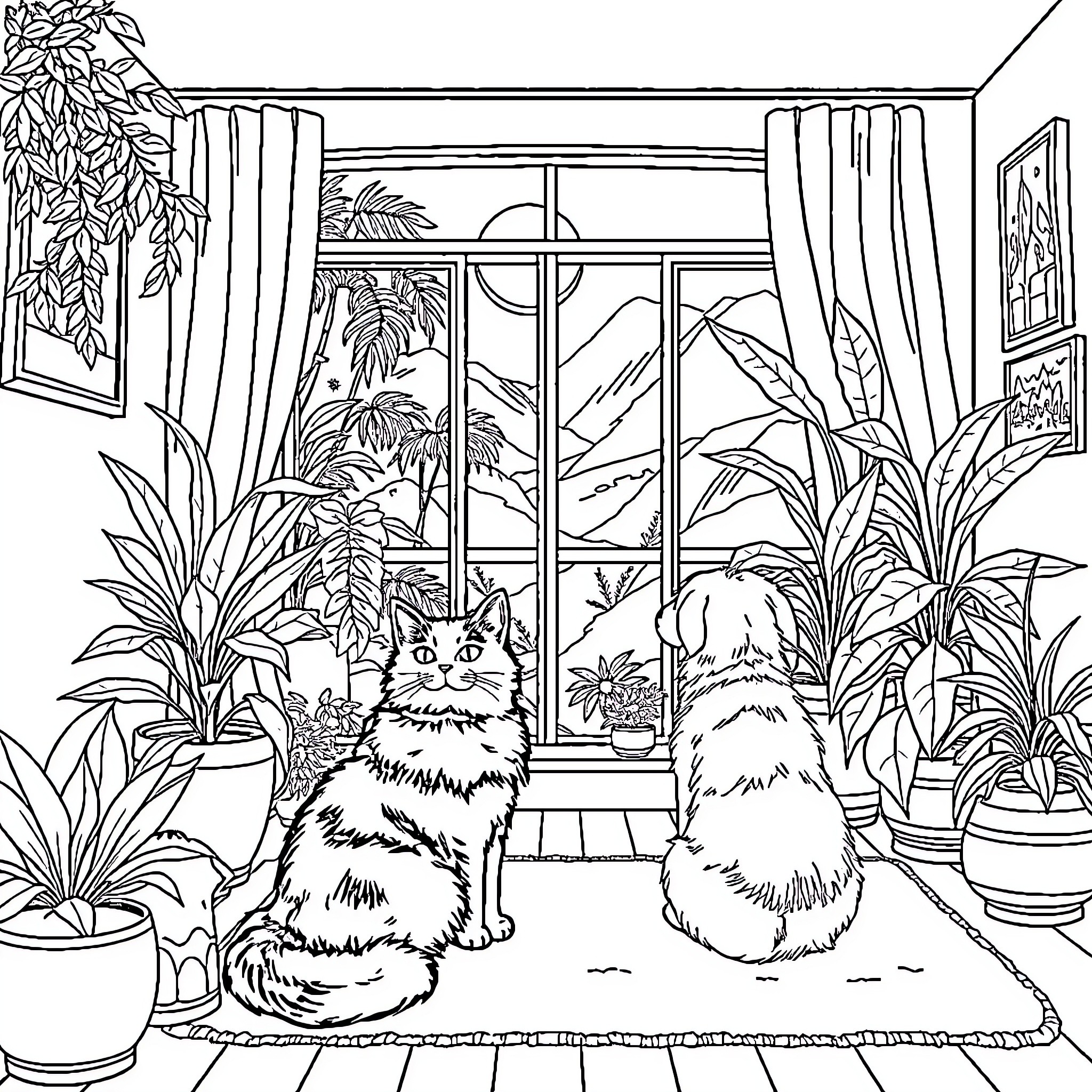 Cat-Dog Relaxing in Lush Indoor Garden Coloring Page (free black-and-white line drawing printable PDF for all, from beginners to advanced learners, including children, teens, adults, and seniors)