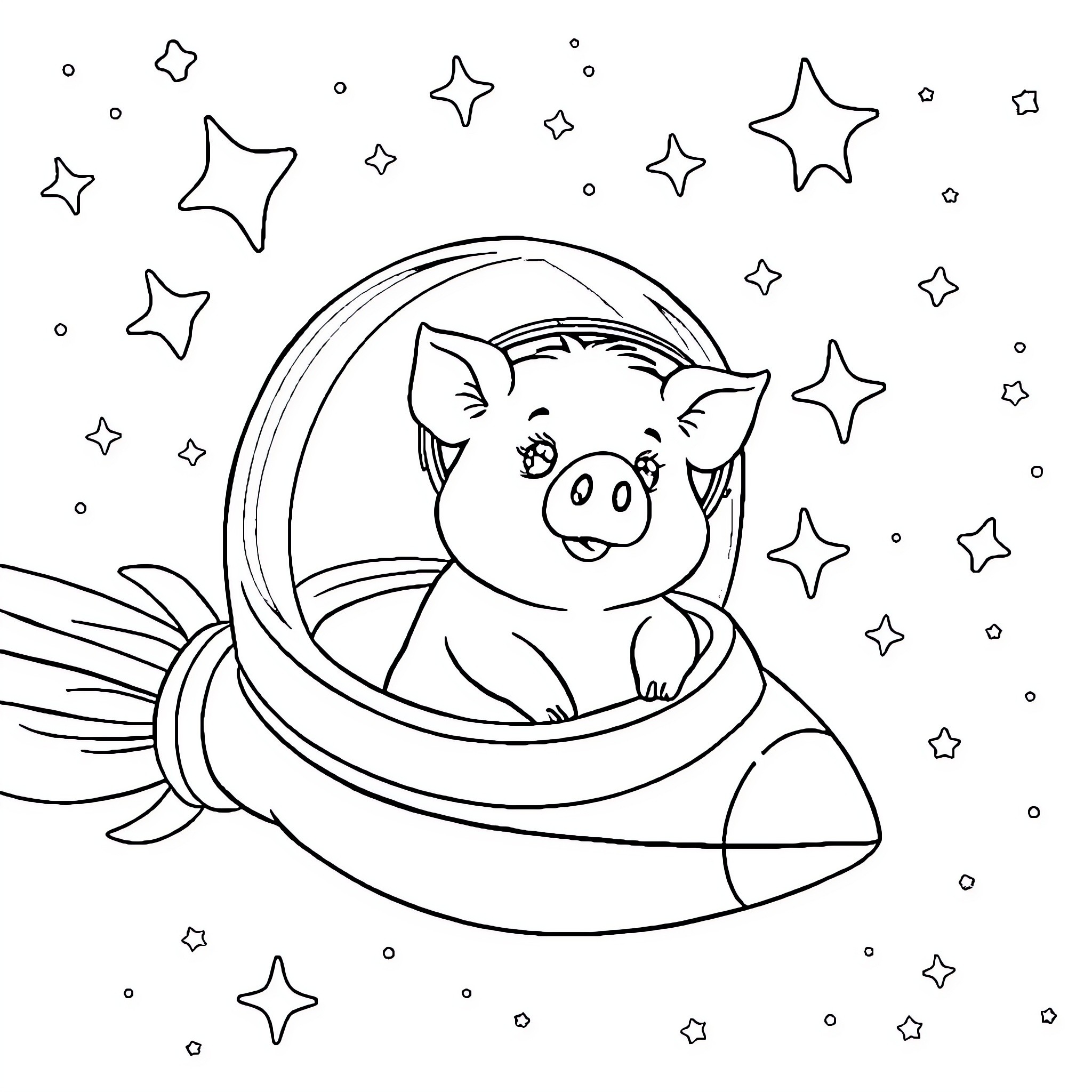 Pig riding a rocket in space surrounded by stars Coloring Page (free black-and-white line drawing printable PDF for all, from beginners to advanced learners, including children, teens, adults, and seniors)
