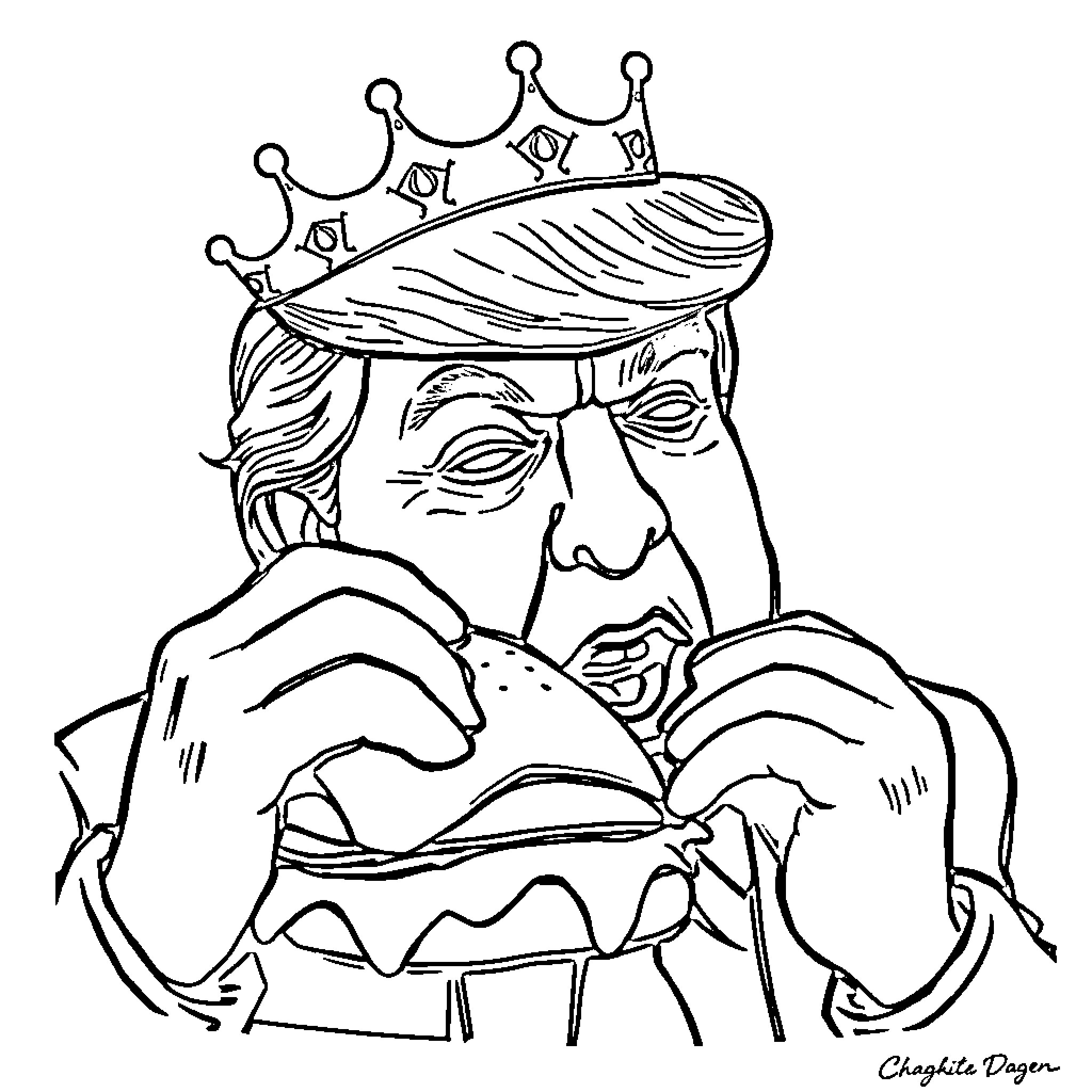 Donald Trump with a Crown Contemplating Thoughts Coloring Page (free black-and-white line drawing printable PDF for all, from beginners to advanced learners, including children, teens, adults, and seniors)