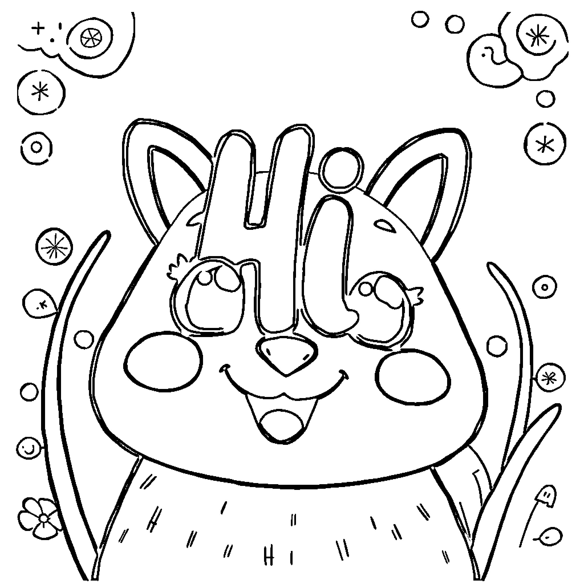 Hi Adorable Cartoon Cat Doodle Coloring Page (free black-and-white line drawing printable PDF for all, from beginners to advanced learners, including children, teens, adults, and seniors)