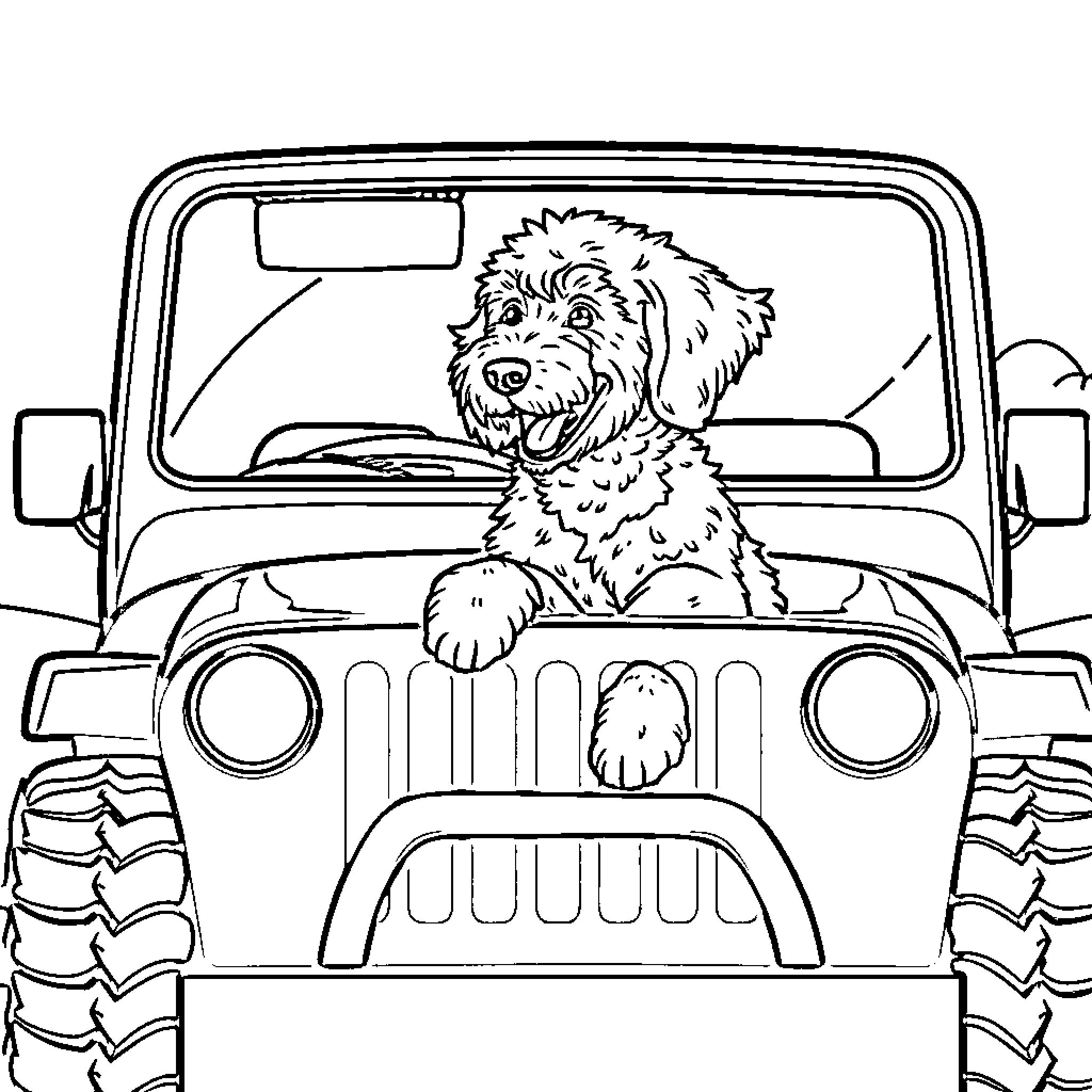 Labradoodle driving a rugged off-road vehicle Coloring Page (free black-and-white line drawing printable PDF for all, from beginners to advanced learners, including children, teens, adults, and seniors)