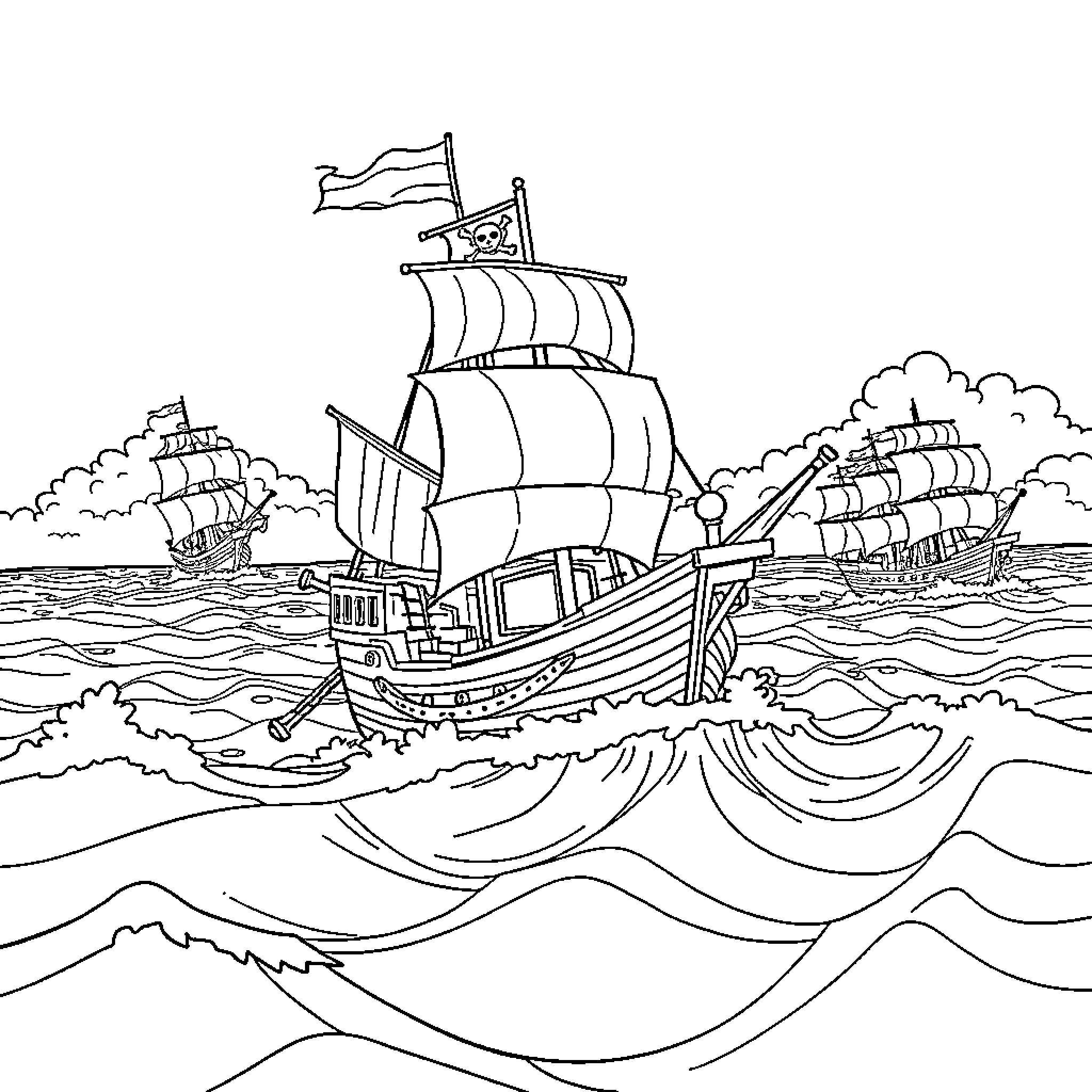 Boat Sailing across Stormy Seas Coloring Page (free black-and-white line drawing printable PDF for all, from beginners to advanced learners, including children, teens, adults, and seniors)